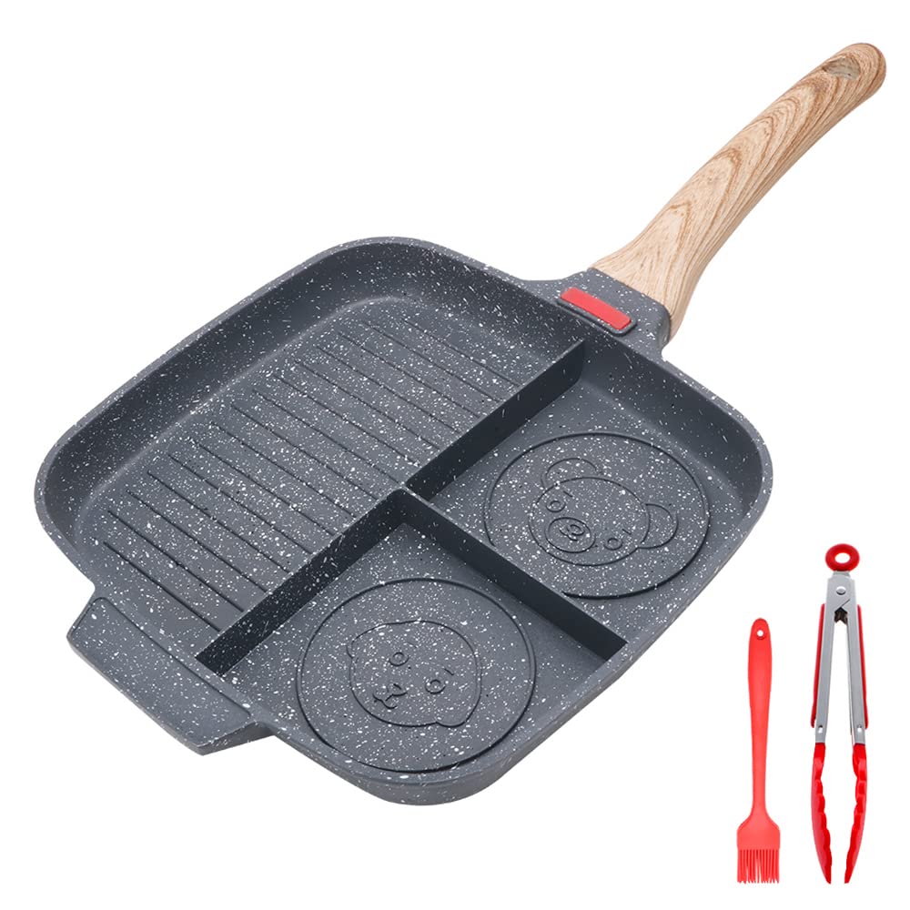 Bobikuke Nonstick Grill Pan For Stove Tops, 10.5 Inch Sectional Skillet, Divided Pan For Breakfast, Square Grill Skillet With Si