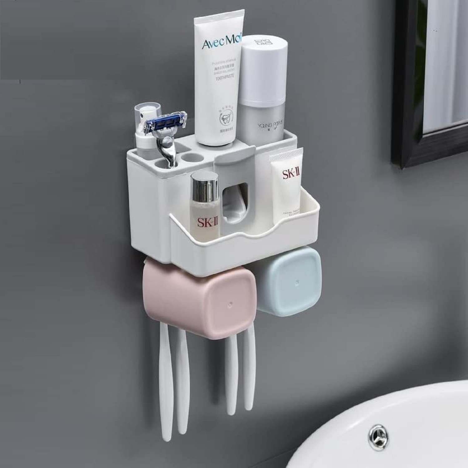LXOICE Plastic Toothbrush Holder Wall Mounted, Toothbrush Holders For Bathroom, Toothpaste Dispenser With 4 Toothbrush Holder Ho