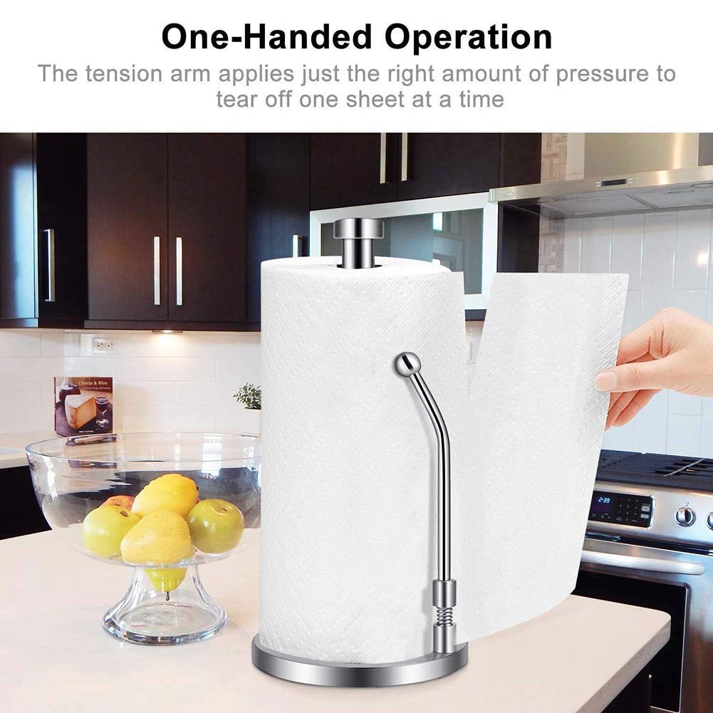 Abuycs Stainless Steel Standing Kitchen Roll Dispenser, Countertop Anti-Slip, One-Handed Operation, Modern Design, Silver