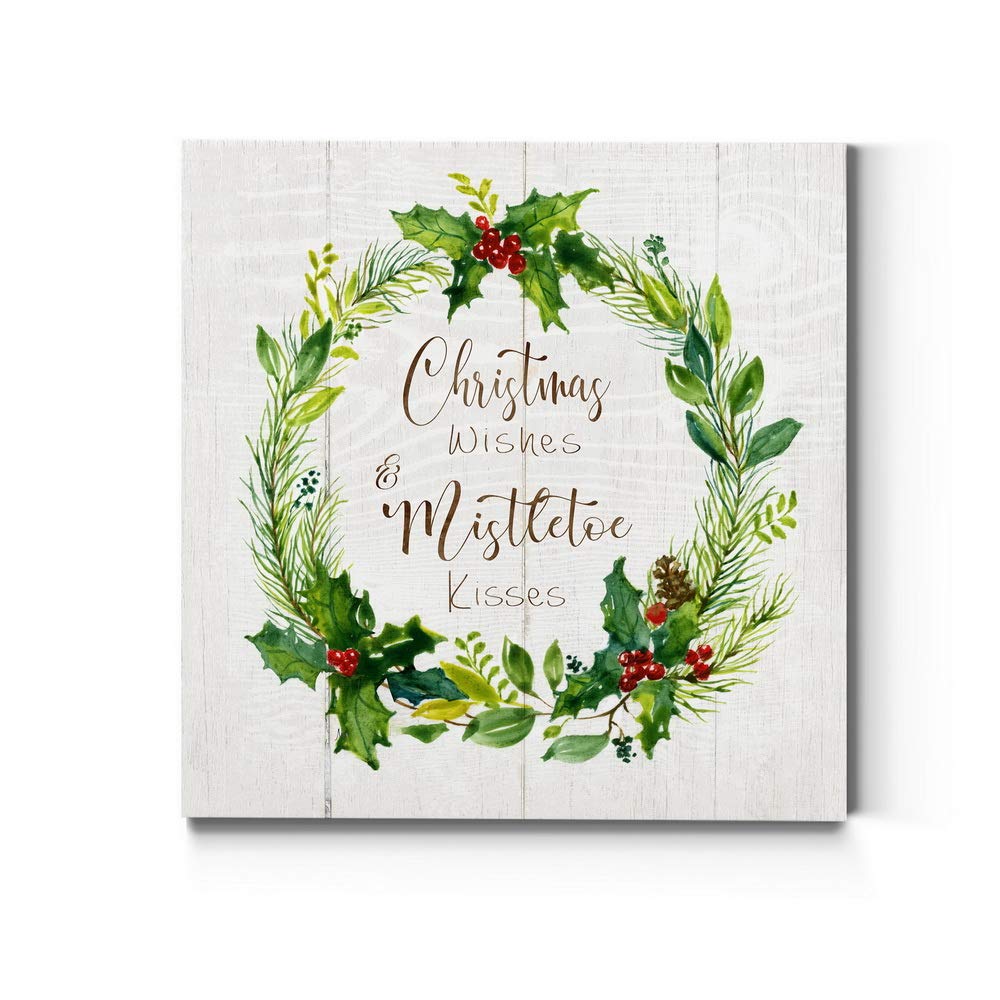 Renditions Gallery Christmas Wishes Wreath Wall Art, Cute Winter Artwork, Holly Leaves & Berries, Red & Green, Premium Gallery W