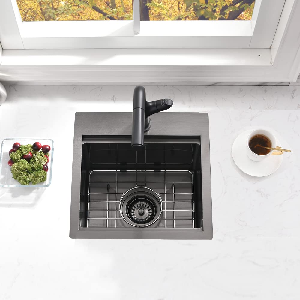 15 Inch Black Drop In Bar Sink Workstation-Bokaiya 15X15 Bar Sink Drop In Small Wet Bar Outdoor Rv Sink 16 Gauge Black Stainless