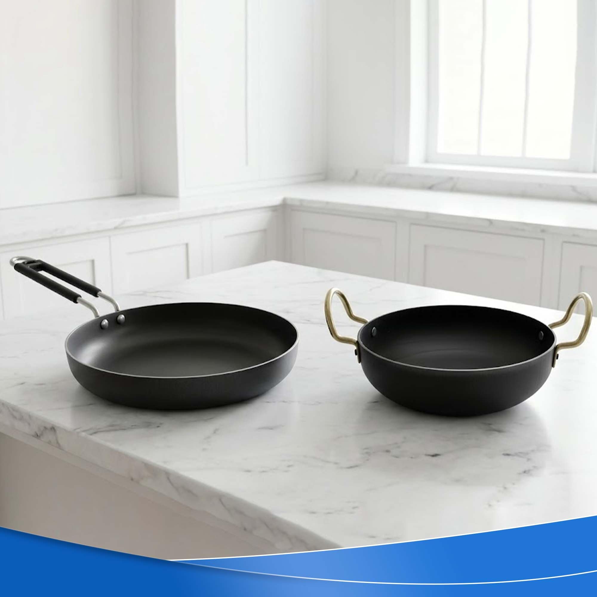 Dozy Iron NonStick Frying Pan And Kadai Cookware Set | Black | Easy To Clean | 2 Piece | Induction And Gas Compatible