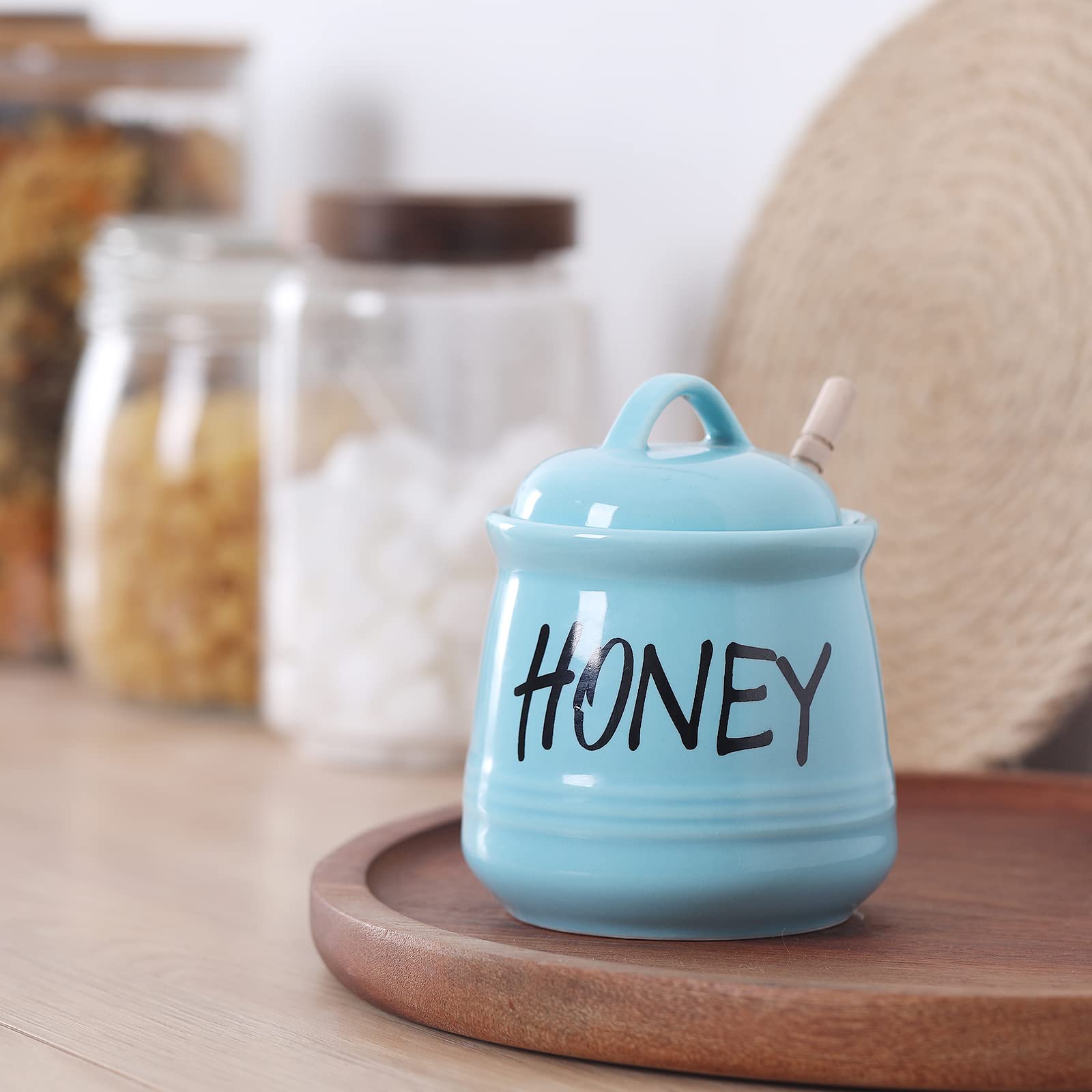 Haotop Porcelain Honey Jar With Lid And Honey Dipper 12Oz (Turquoise)