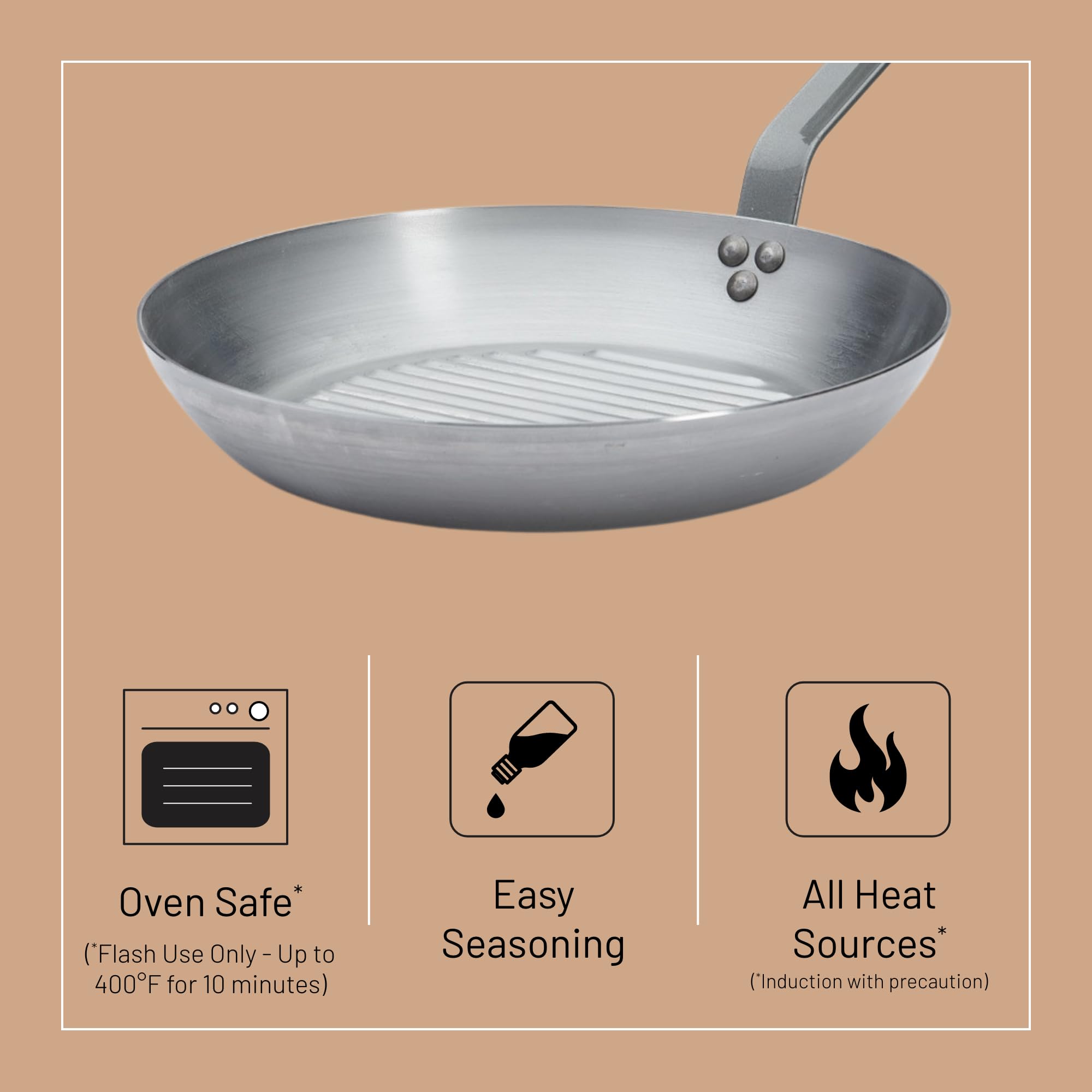 De Buyer Mineral B Carbon Steel Grill Pan - 10.25    - Ideal For Grilling & Browning Meat - Naturally Nonstick - Made In France