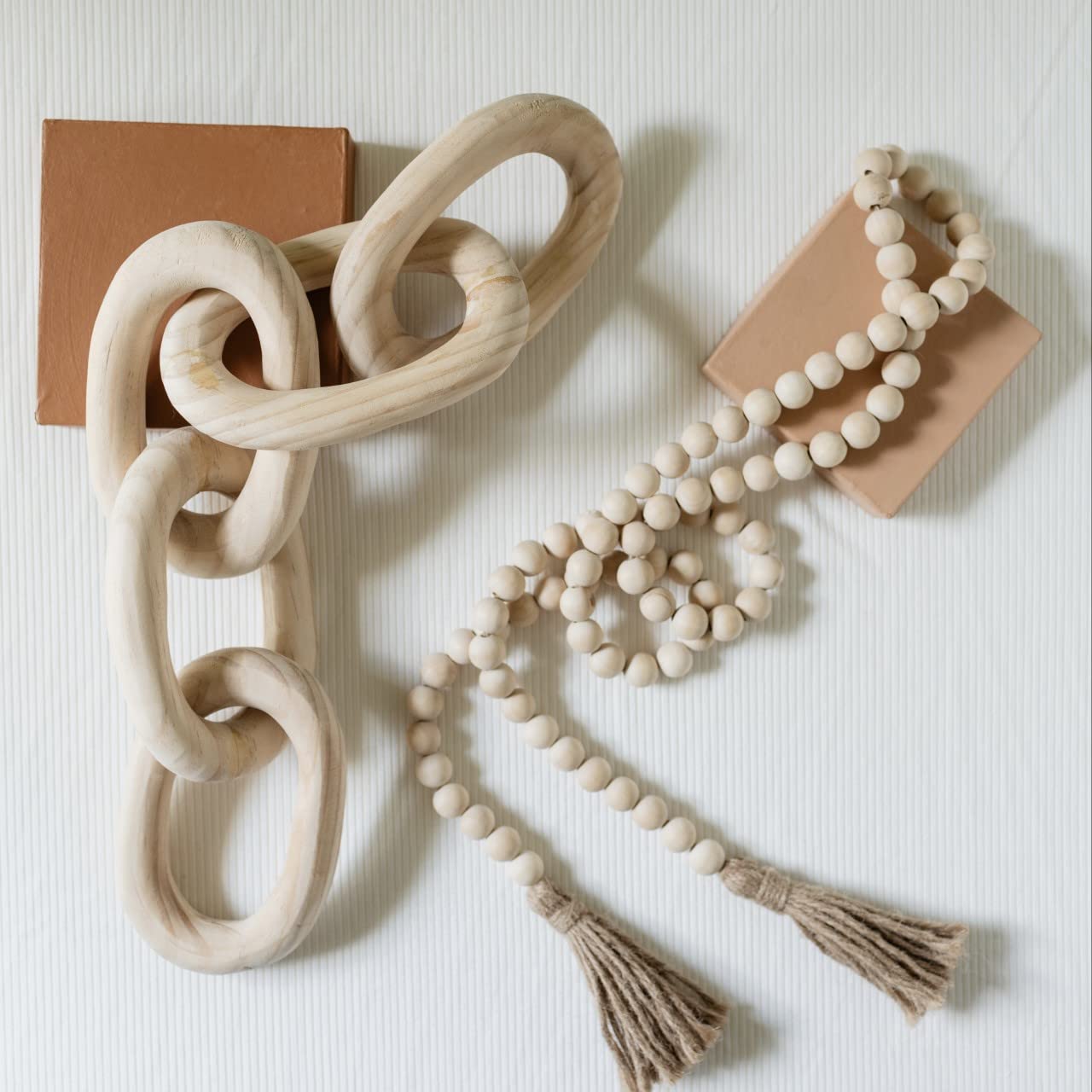 Decorative Wood Chain Link and Bead Garland Set | Hand Carved Pine Wood Chain Decor | Modern Farmhouse Decor Set | Aesthetic Roo