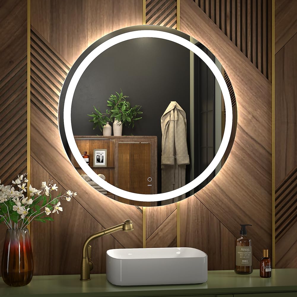 Kww 24 Inch Large Modern Led Round Bathroom Vanity Mirror, Color Temperature Adjustable, Anti-Fog Dimmable Lights, Easy To Insta