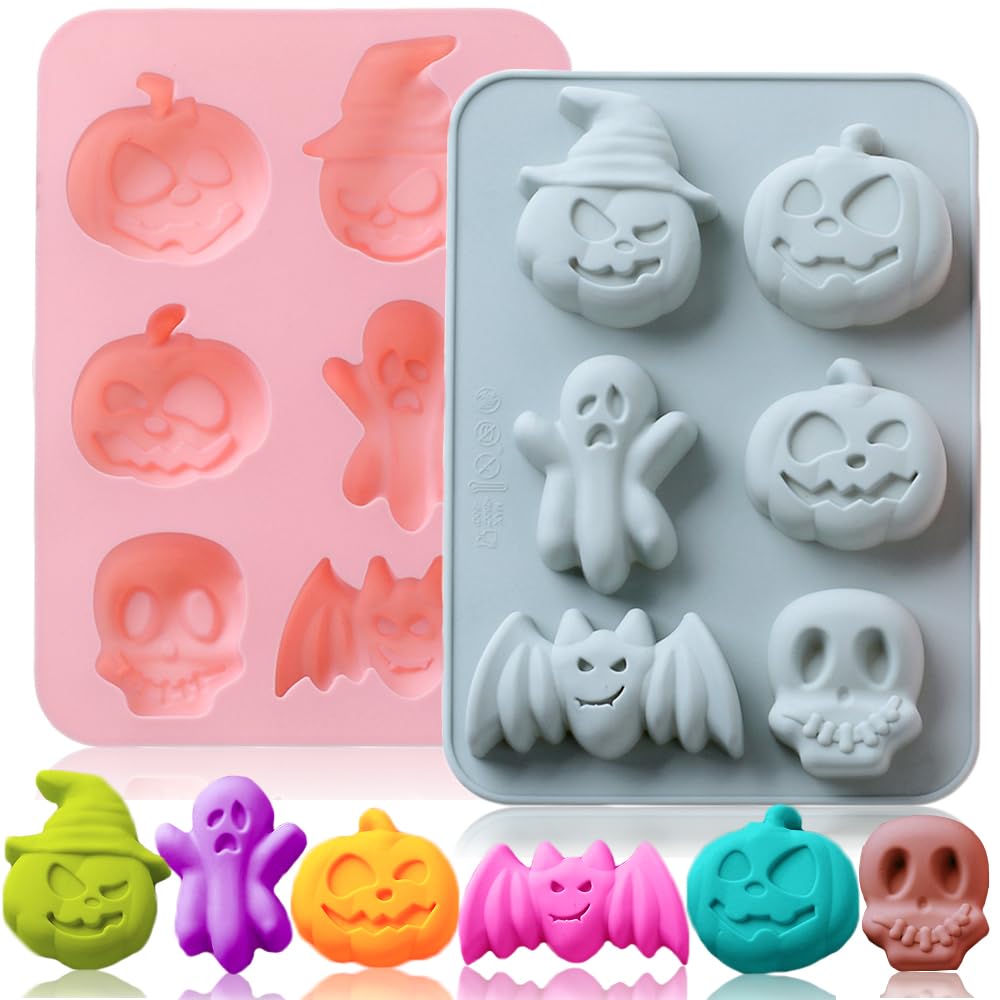 2 Pack Halloween Silicone Cake Mold Pumpkin Bat Skull Ghost Shape Silicone Mold For Chocolate Candy Gummy Jello Ice Cube Crayon