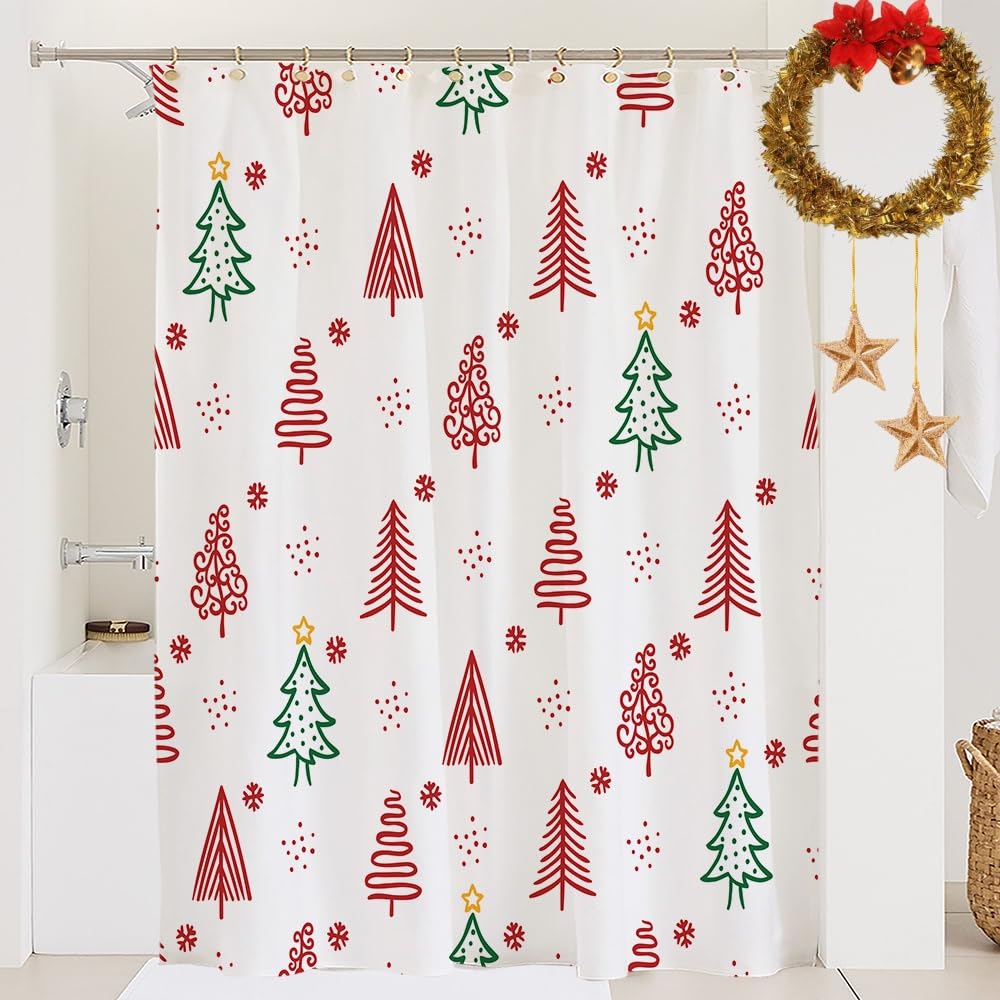 Christmas Shower Curtain Set, Merry Christmas Red Tree Shower Curtain, Xmas Pine Red And Green Shower Curtain For Bathroom Decor