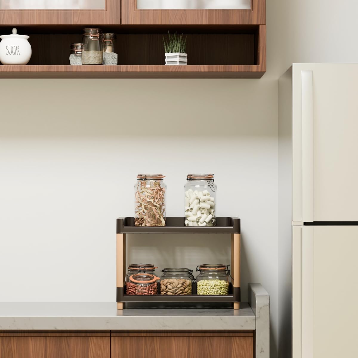 Morbrix 2Tier Kitchen Storage Rack Organizer Shelf  Multipurpose Plastic Shelf For Kitchen Countertop, Bathroom, Pantry  Brow