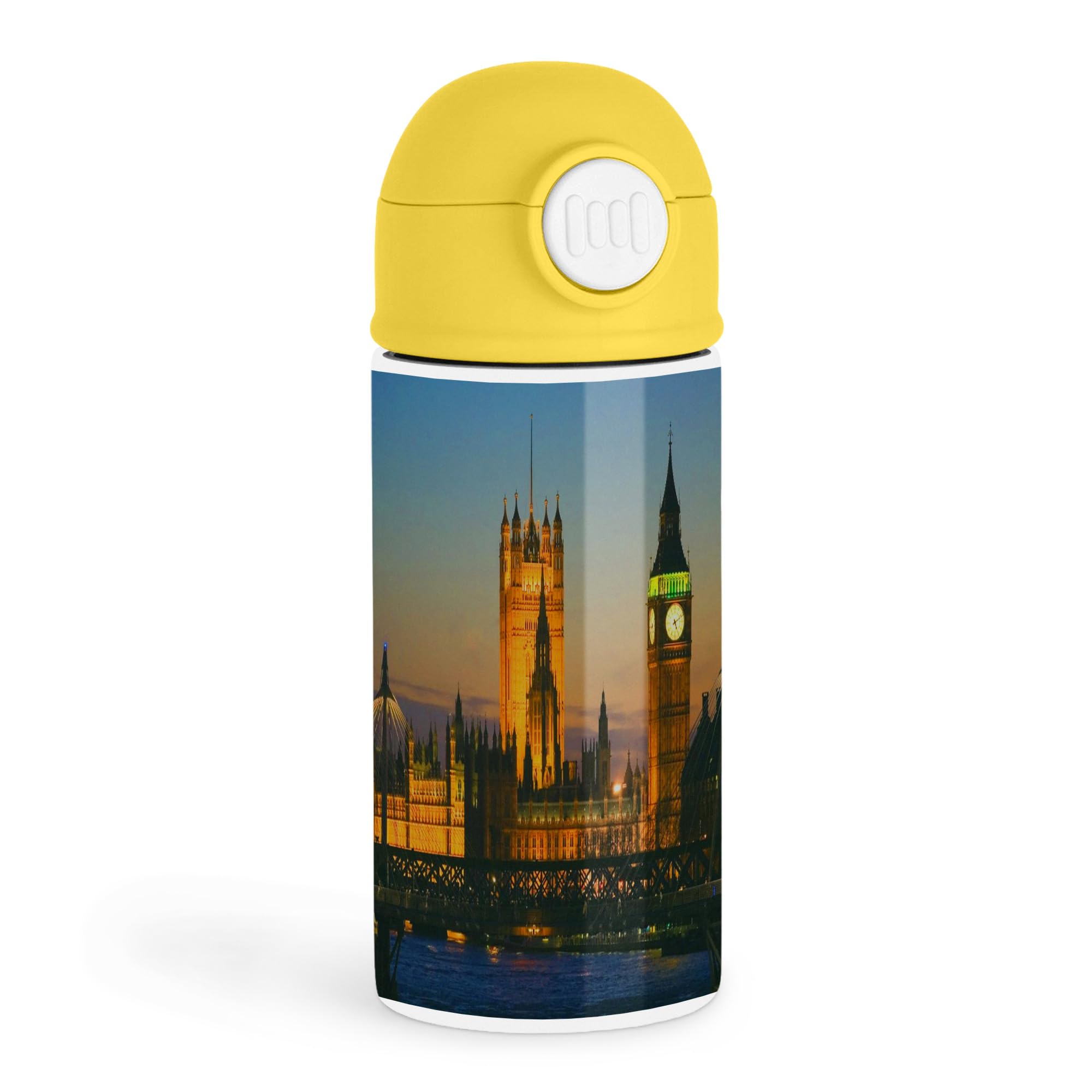Inspirational Travel Enthusiast 12oz Kids Yellow Bottle  Dusk view of Big Ben with yellow lid  School Lunch, Adventure Trip