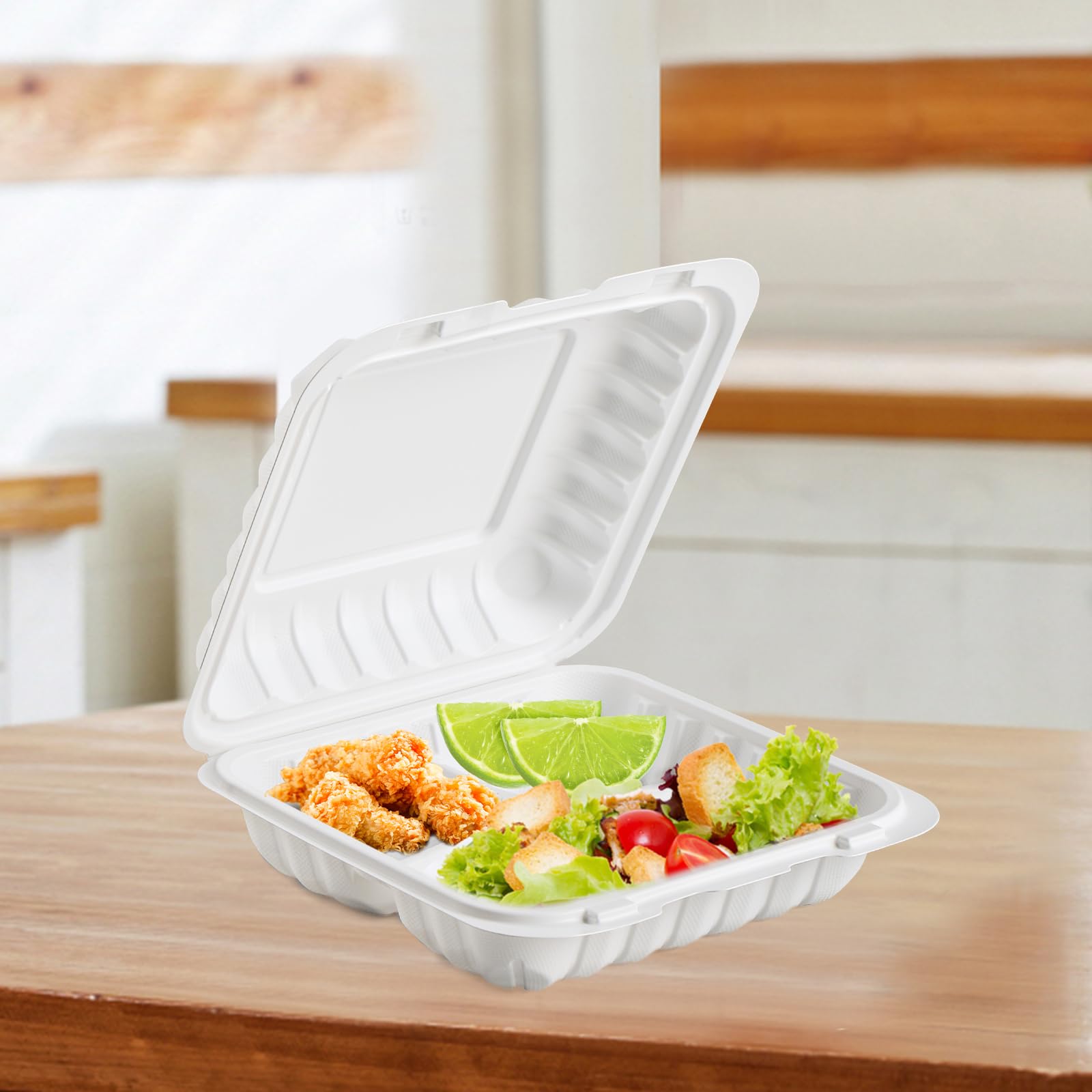 Ekosavor To Go Containers, 7.8'' Plastic Clamshell Food Containers With Lids Disposable 30 Oz Bpa-Free 65-Pack 3 Compartment Hea