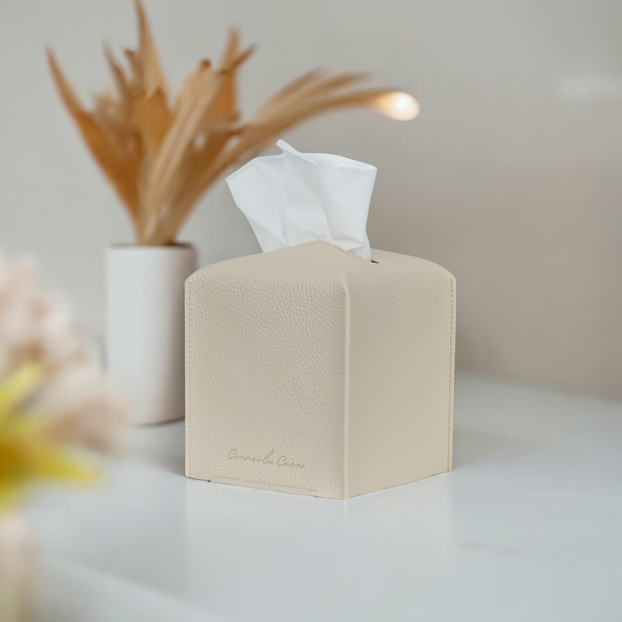 Connsole Casa Premium Pu Leather Tissue Box Holder - Elegant Hotel-Style Beige Tissue Box Cover For Enhanced D  Cor Of Home, Off