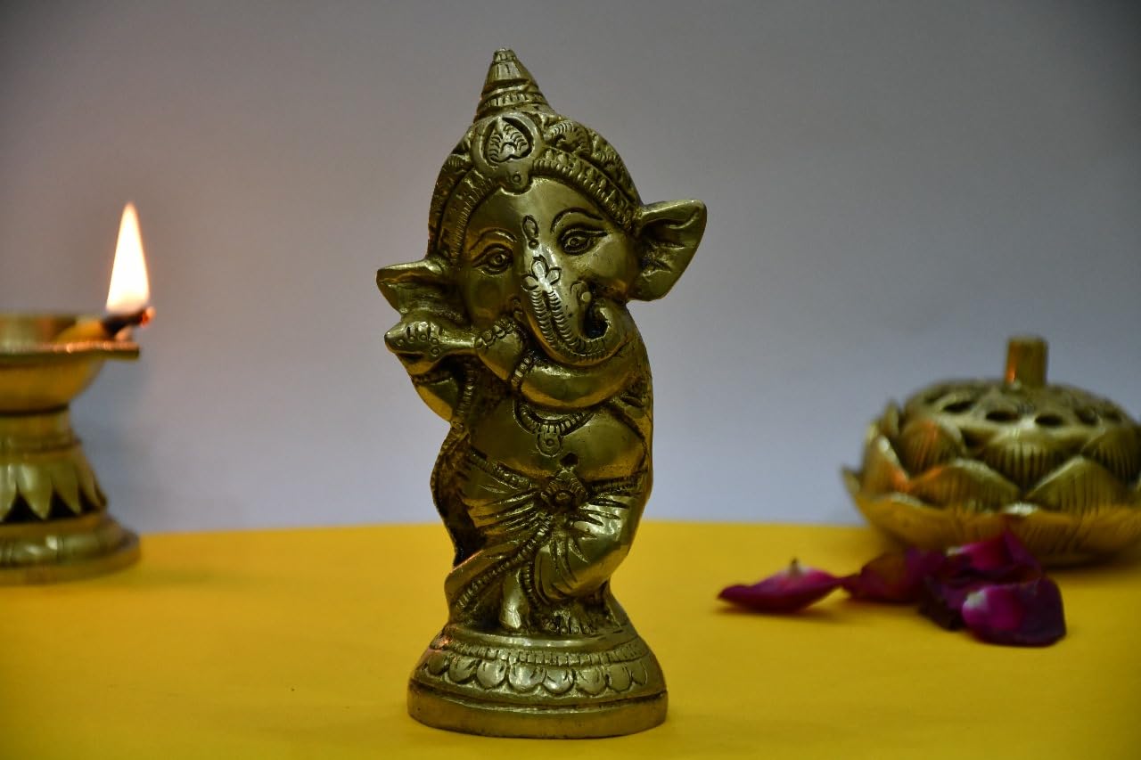 Brixus Brass Ganesh Idol, 14 Cm, Baby Ganesha Playing Flute, Standing Position Statue