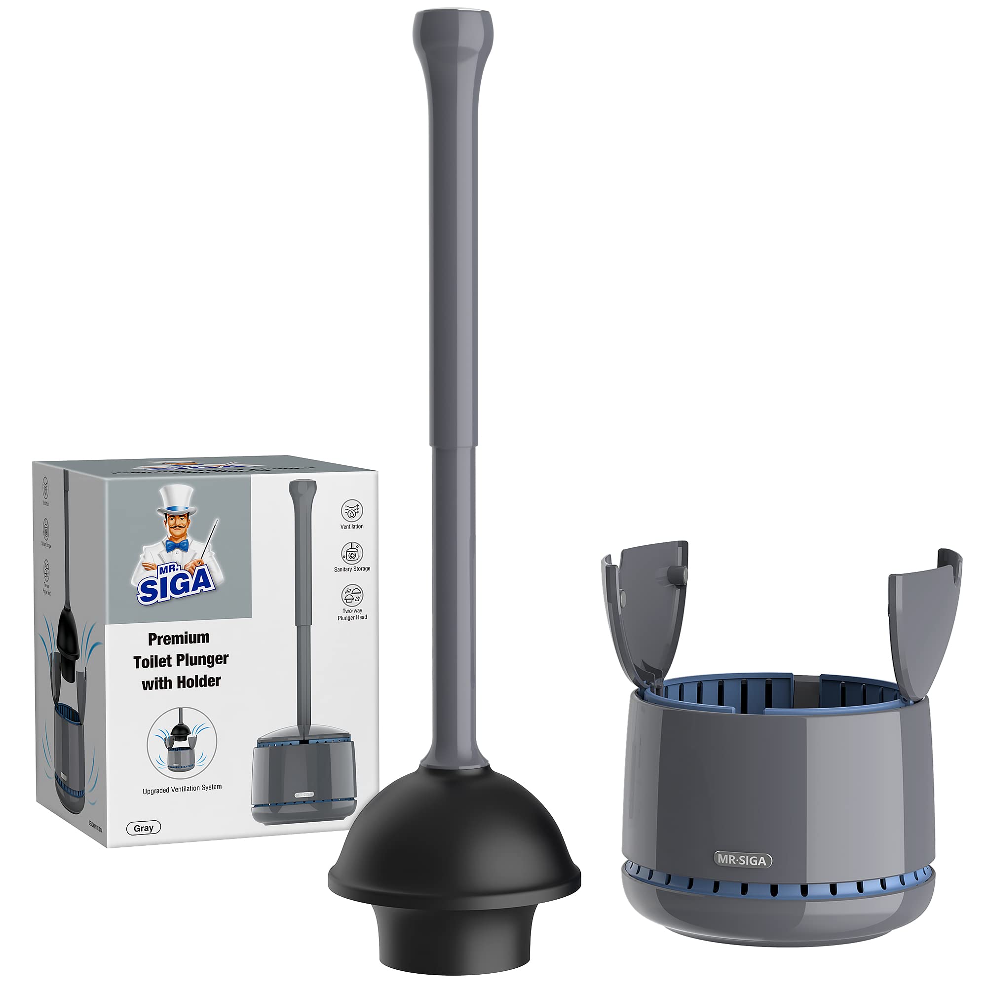 Mrsiga Toilet Plunger With Holder, Heavy Duty Plunger With Sturdy Handle For Toilet Cleaning, Gray