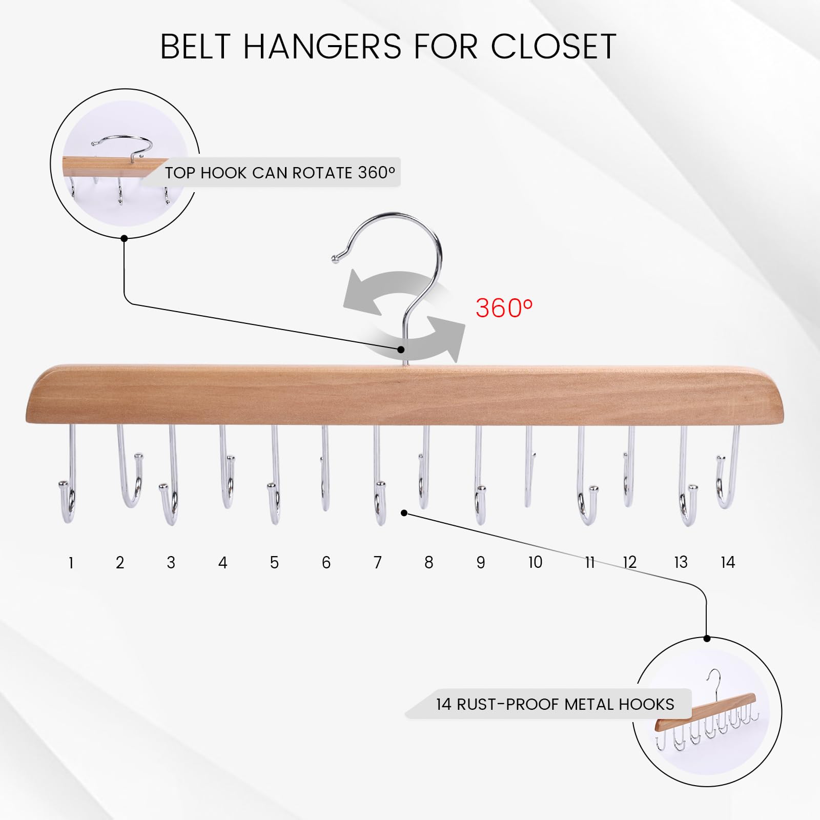 Johouse Belt Hanger For Closet, Belt Rack Belt Organizer 14 Hooks Belt Holder For Storage Max 42 Belts 360Rotating For Bra Tie T