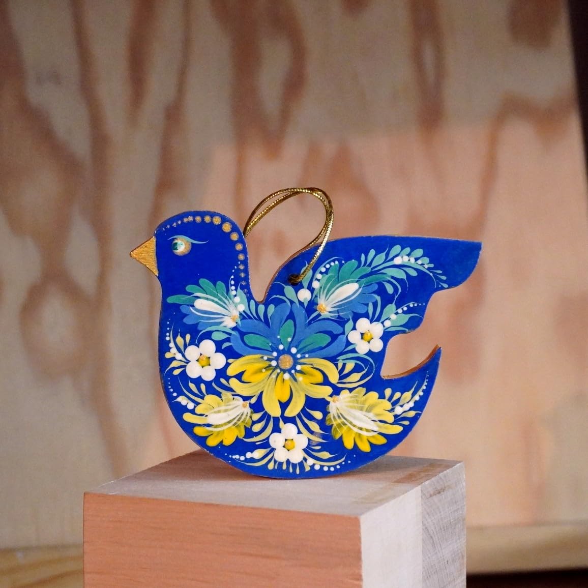 Bird Ornament Made of Wood Hand-Painted 2,8 x 3,5 x 0,2 inch Traditional Ukrainian Christmas Ornament and Easter Decor with Petr