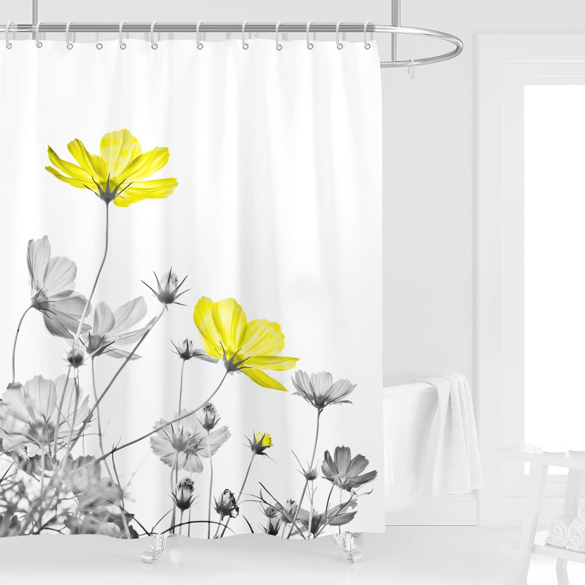Kikiry Yellow Gray Shower Curtain 60''W X 72''L White Grey Flowers Wildflower Daisy Floral Ink Painting Botanical Simple Eleganc