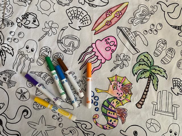 The Coloring Table - Oceantime Fun Design - Rectangle Tablecloth - Fabric Coloring Tablecloth - Colorable Designs - Washable And
