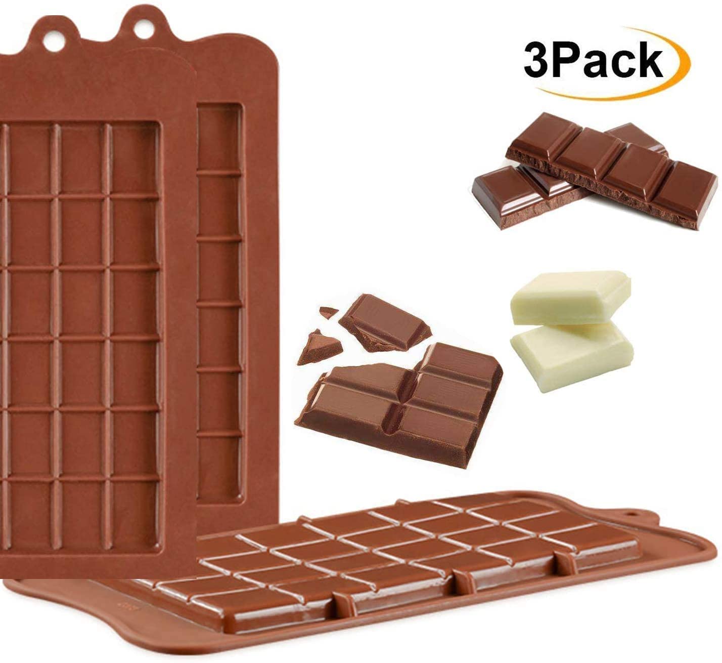 Bamutu Silicone Chocolate Mold 3 Pack Break-Apart Chocolate Bar Molds Non-Stick Reusable Energy Bar Chocolate Baking Tool