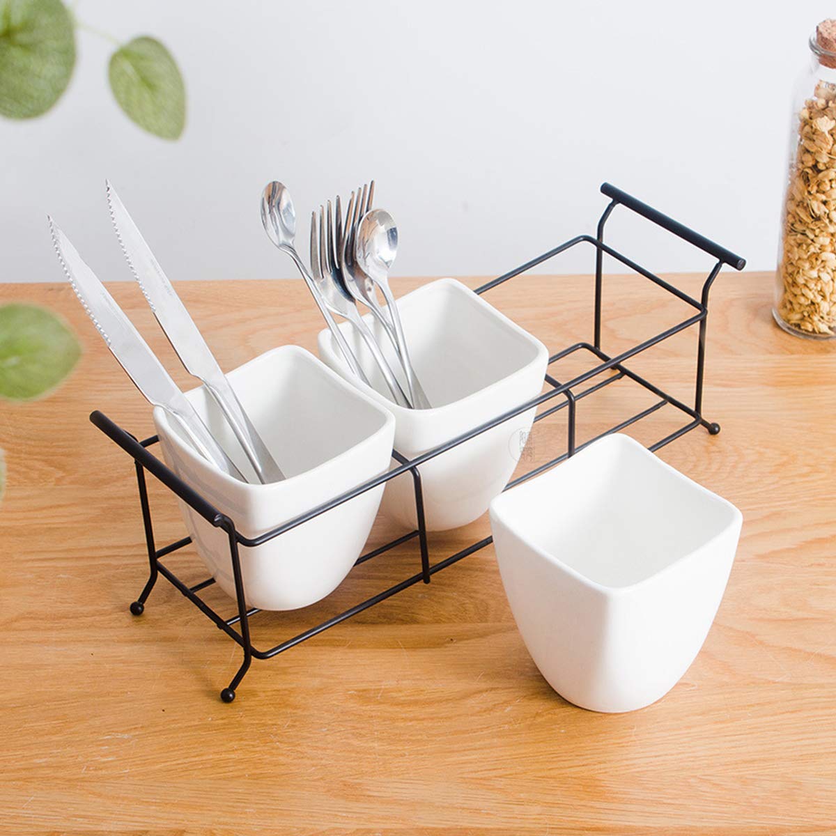 Bekith 3-Piece Ceramic Flatware Caddy With Metal Rack, Utensil Holder Silverware Caddy Cutlery Organizer, White