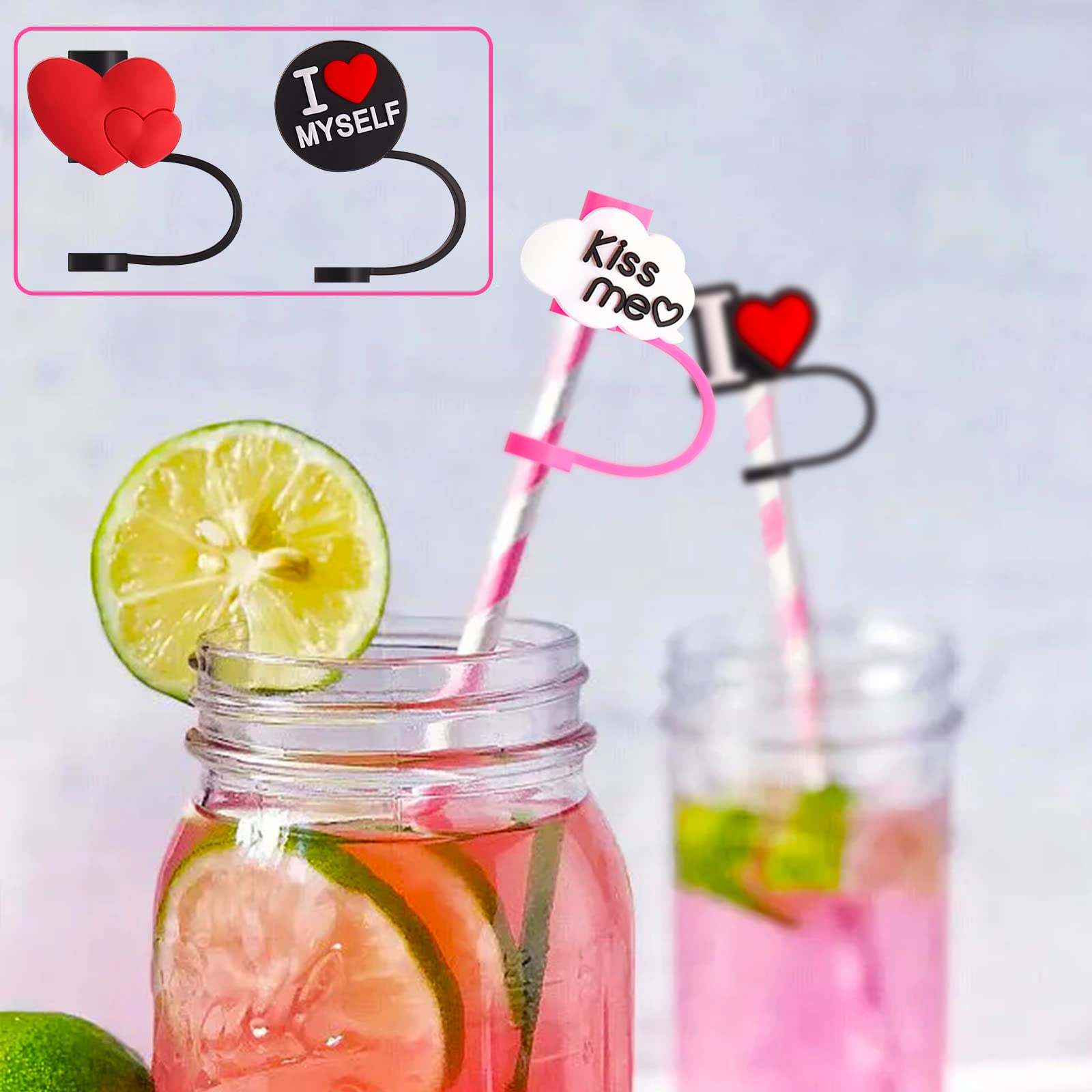 8Pcs Heart Straw Covers Reusable Kiss Straw Toppers Dust-Proof Rainbow Straw Tips Plugs For Mothers Day Wedding Party Moms Birth