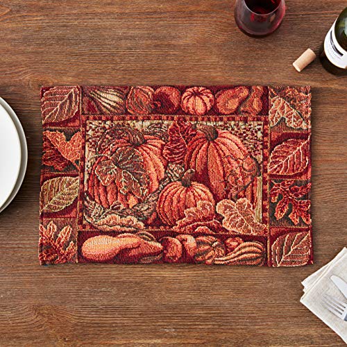 Violet Linen Fall Harvest Thanksgiving Autumn Leaves Sunflowers Fruits Pumpkins Tapestry Pattern, Polyester Cotton Woven Tapestr