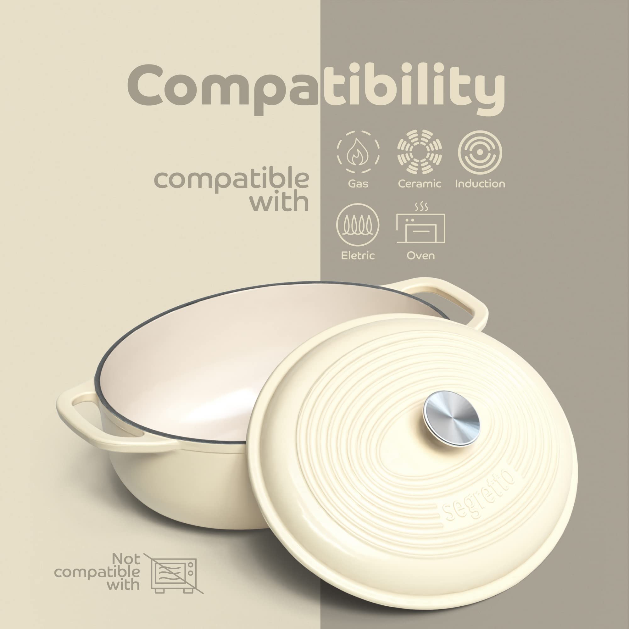 Segretto Cookware Enameled Oval Cast Iron Dutch Oven With Handle, 7 Quarts, Bianco Perla (Pearl White), 7Qt Dutch Oven Pot With