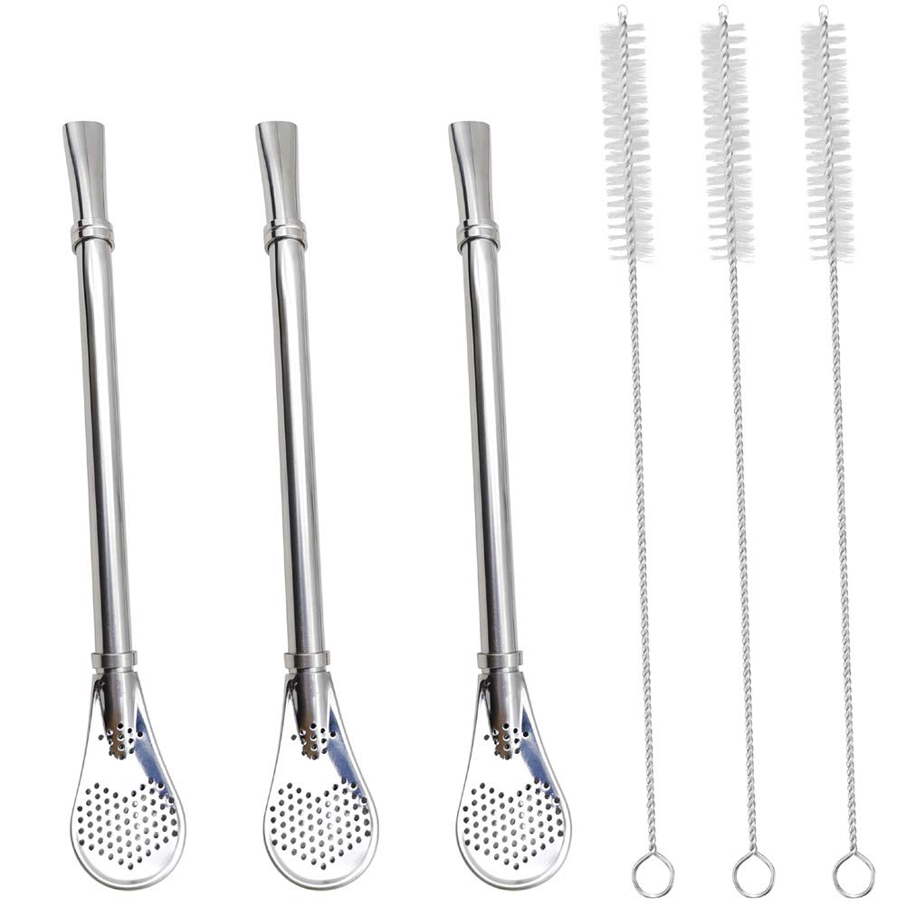 GFDesign Yerba Mate Bombilla Gourd Drinking Filter Straws Stirrer Food-Grade 18/8 Stainless Steel - Set of 3 with 3 Cleaning Bru