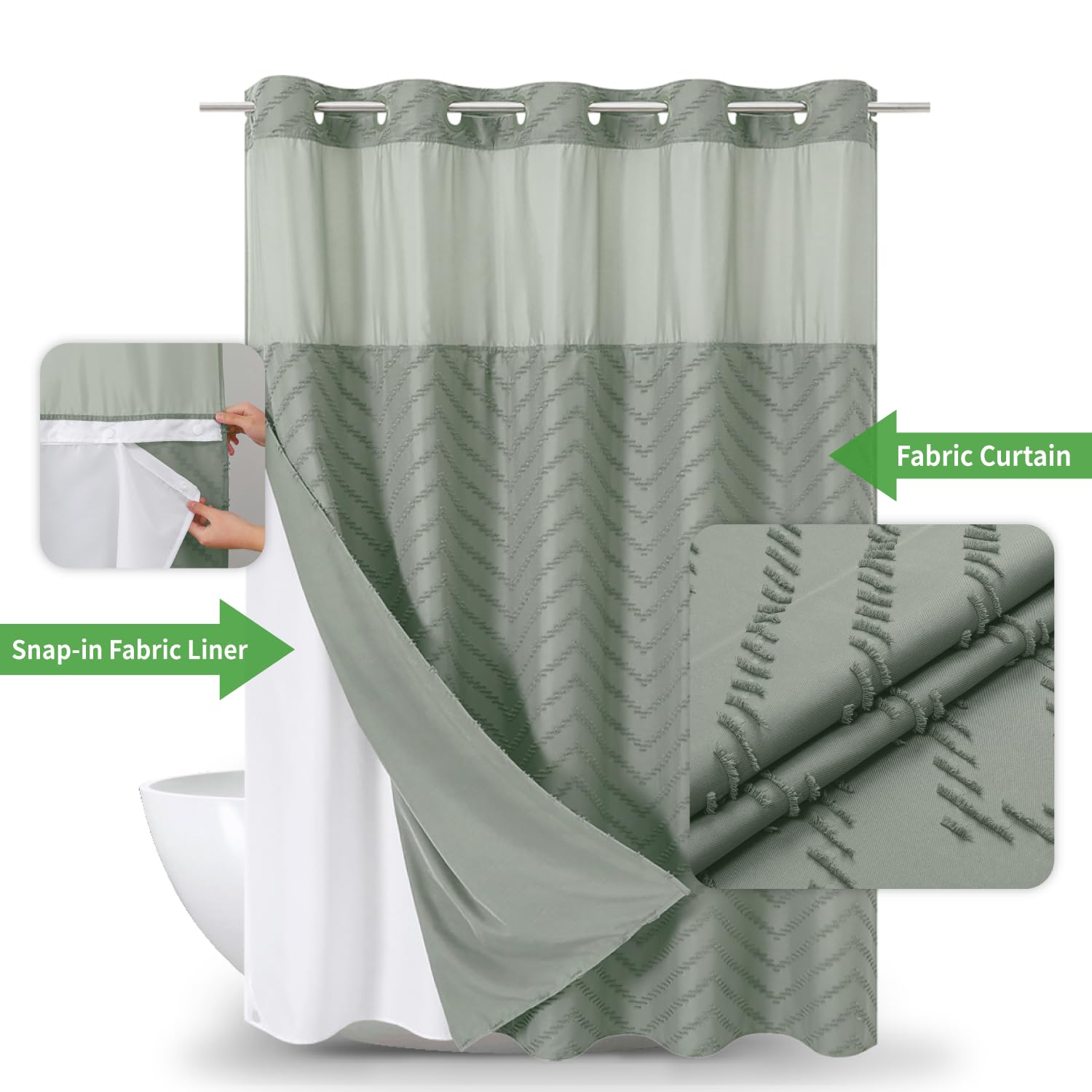 Eachope No Hook Tufted Chevron Striped Shower Curtain With Snap-In Fabric Liner Set-71Wx74H(72H),Sage Green Hotel Grade Boho Sty