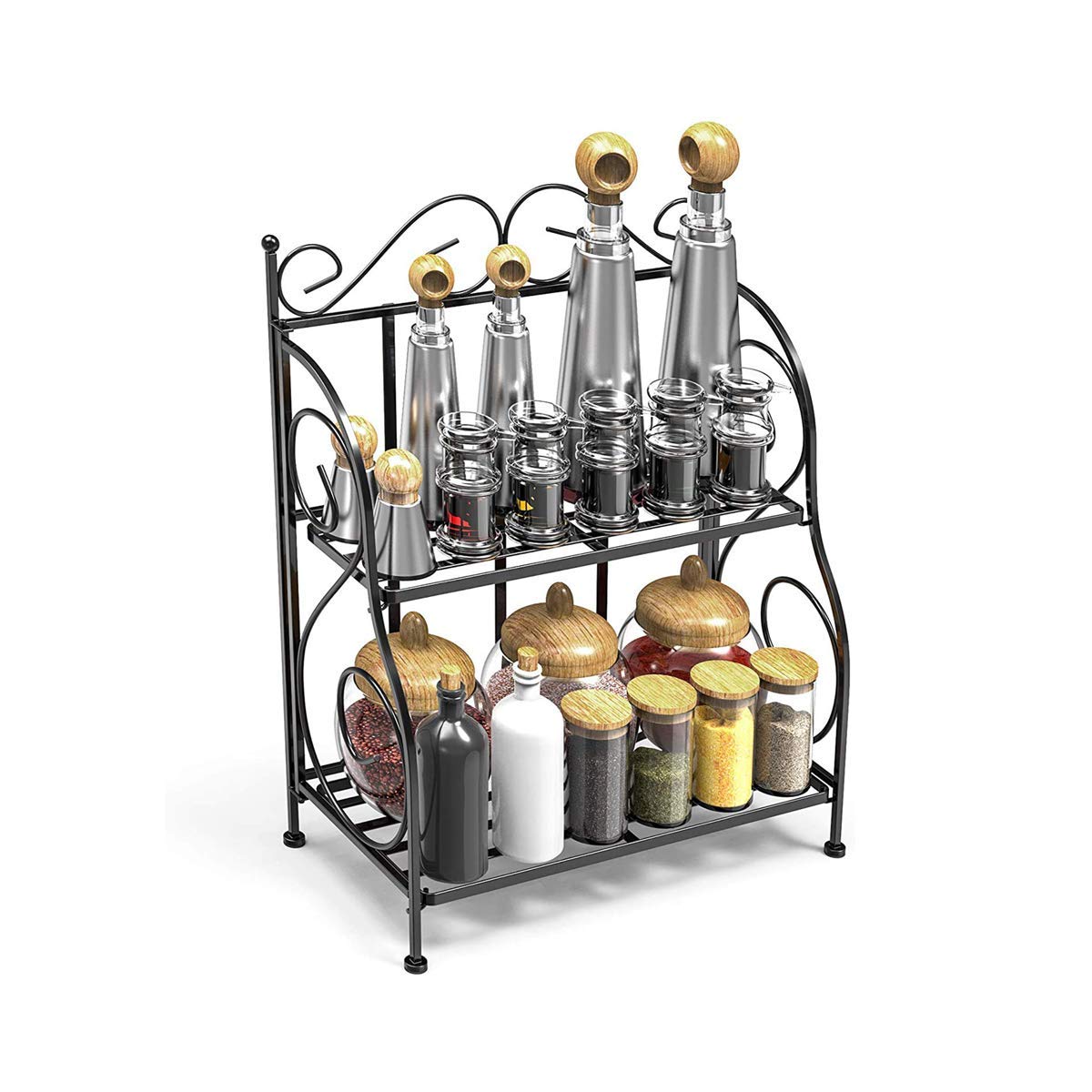 Metaltouch 2Tier Foldable Wrought And Cast Iron Spice Shelf Rack Kitchen Bathroom Countertop Storage Organizer (Black)