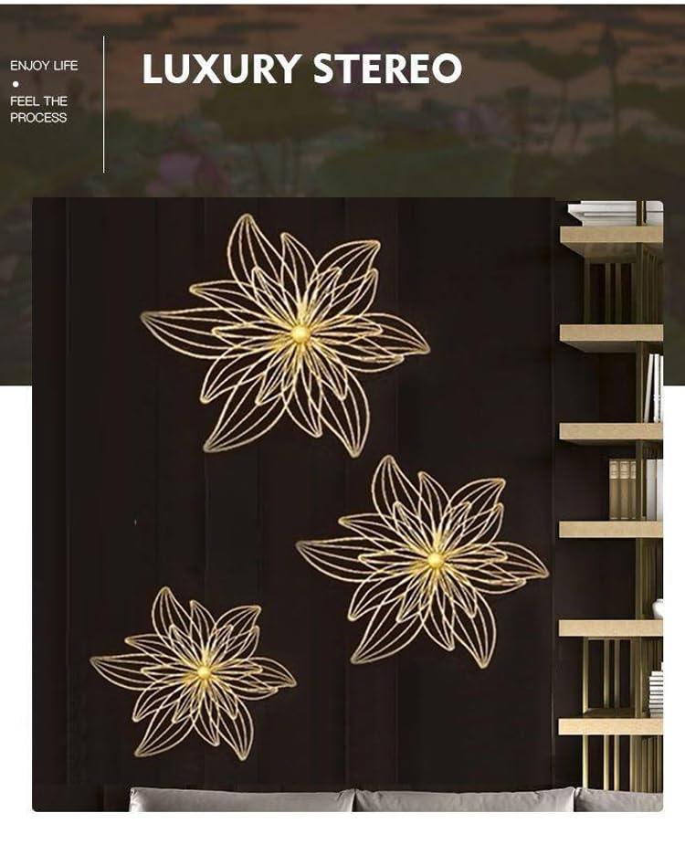 Zove Metal Set Of 3 Pieces Golden Flowers Wall Art Hanging Perfect For Home, Hotel, Restaurant, Living Room Decoration (24 X 24