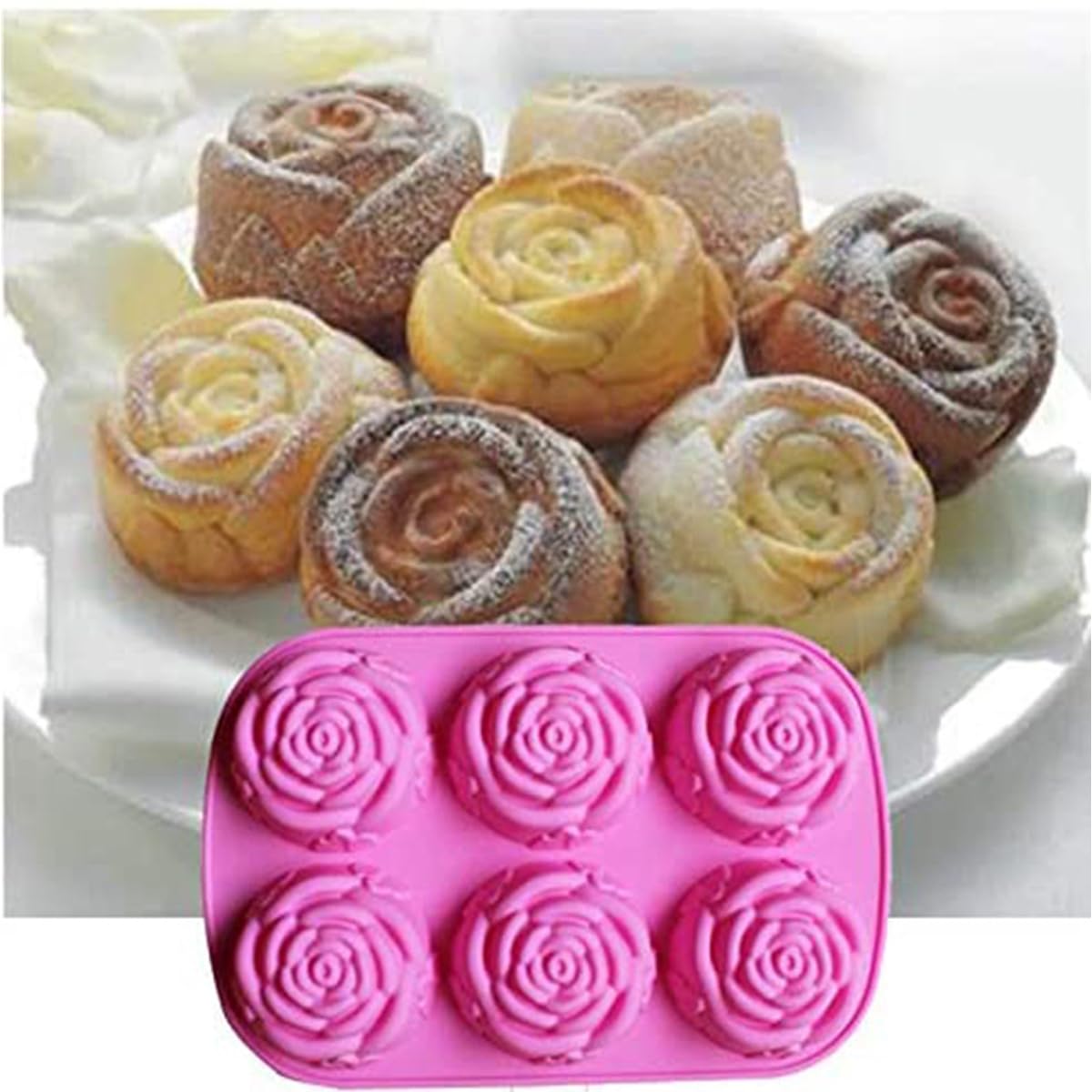 Nikkier 6 Cavity Rose Flower Silicone Mold For Cake Chocolate Candy Cupcakes Pudding Muffins Ice Cube Soap Making 3Pcs