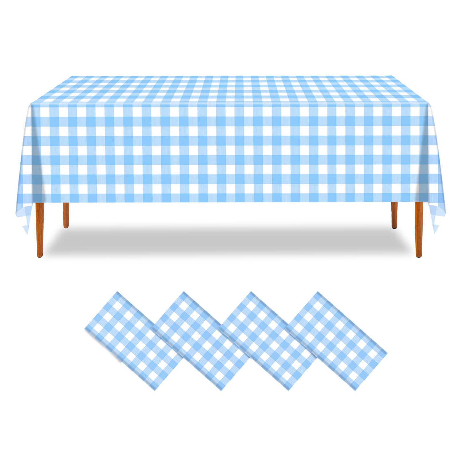 ZHIAXTON 4 Pack Blue Gingham Tablecloth, 54 X 108 Inch Disposable Rectangular Light Blue Checkered Tablecloth for Birthday, Wedd