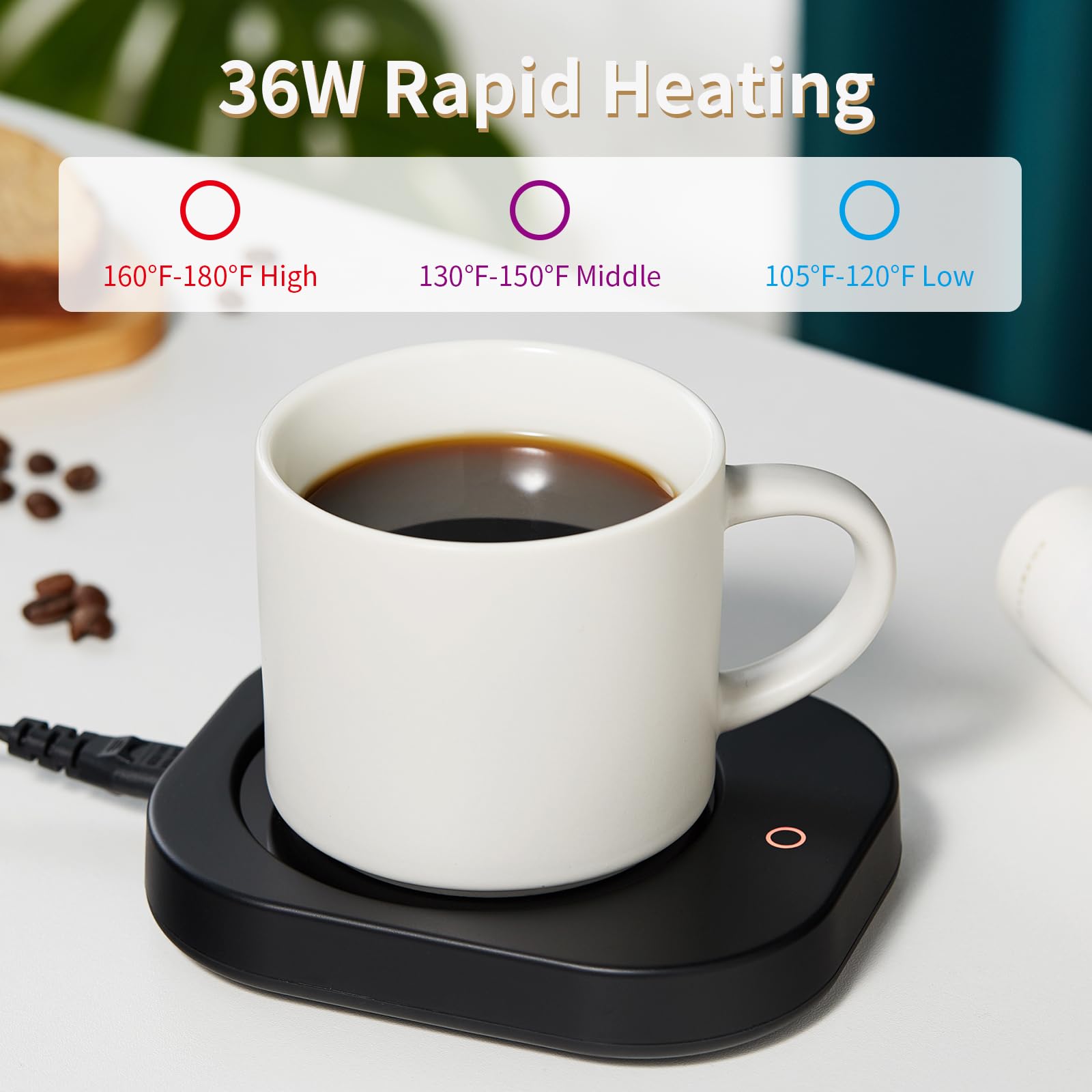 Mug Warmer With 4-Hour Auto Shut Off, 3 Temperature Settings, Frosted Black Rectangular Electric Beverage Heater, Borosilicate G