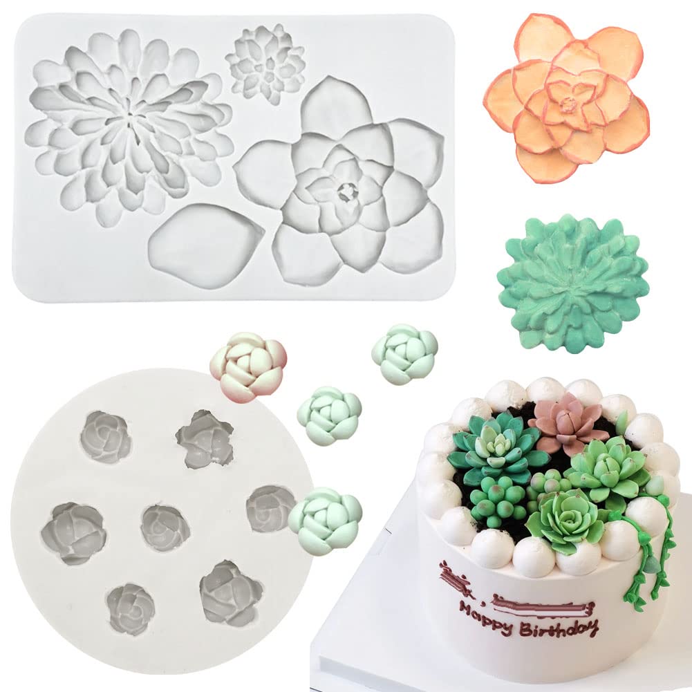 Kuuguu 2 Pcs Succulent Fondant Molds, Tropical Succulent Plant Cake Decorating Mold, For Diy Cupcake Toppers Gumpaste Mold Polym