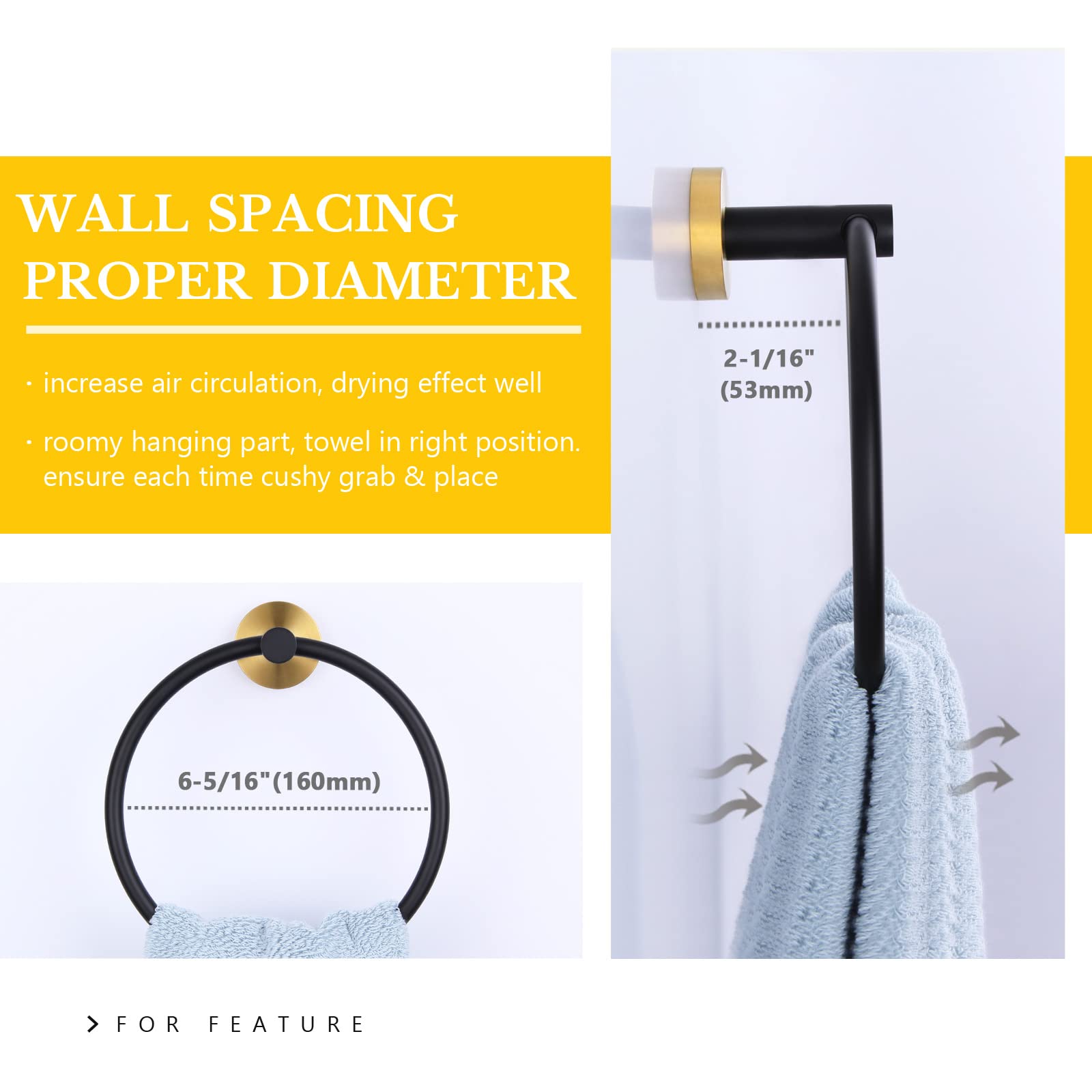 APLusee Hand Towel Ring  Stainless Steel Round Bathroom Towel Holder Loop (Black & Gold)