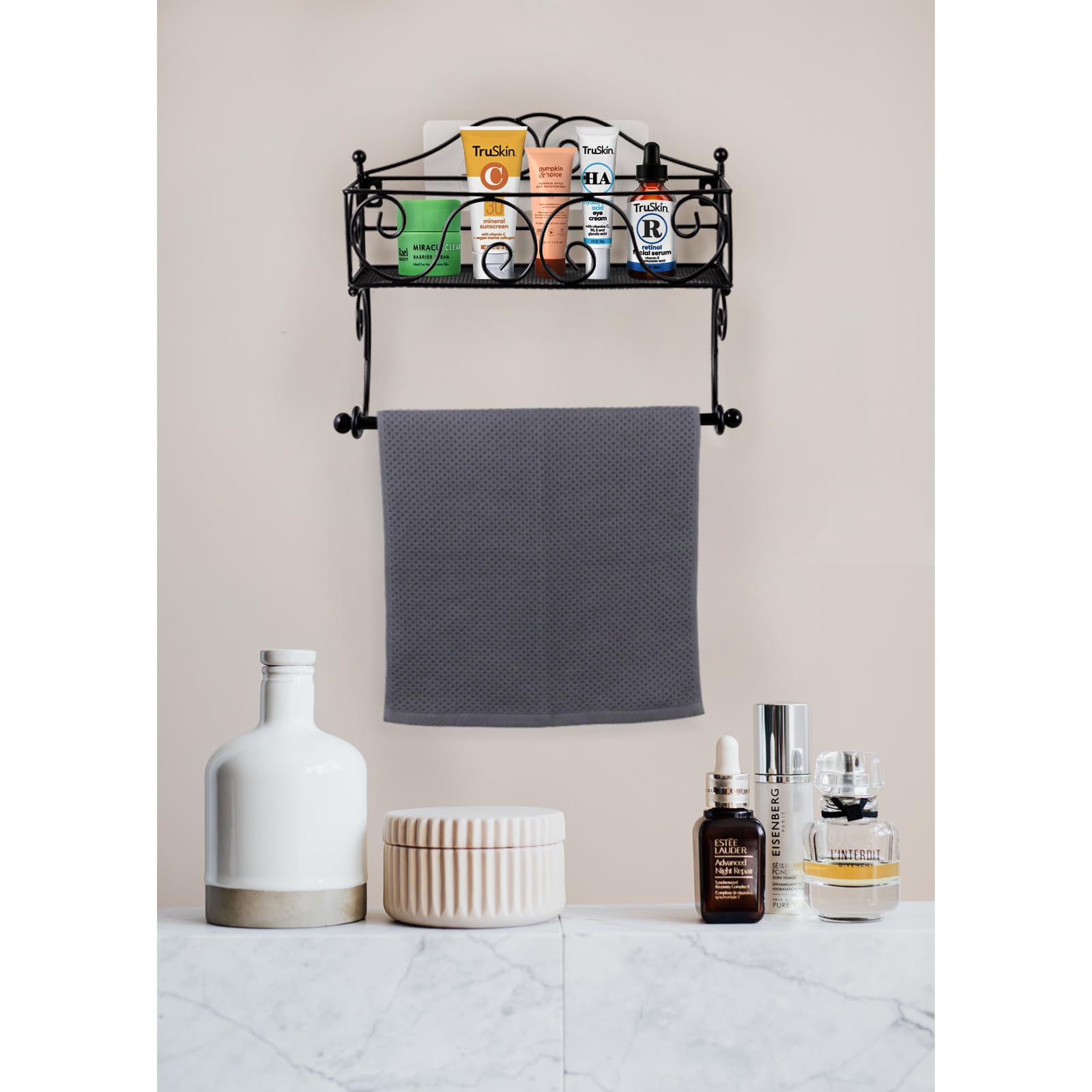Adhesive Paper Towel Holder With Shelf, Paper Towel Holder Wall Mount, 12In Black Paper Towel Holder For Kitchen, Hand Towel Hol