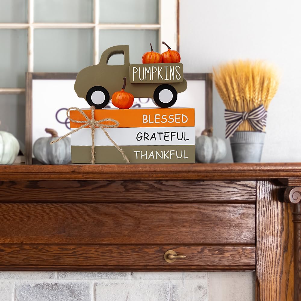 AKEROCK Fall Table Decor, Farmhouse Wooden Fall Signs with Book Stack, 3D Truck and 5 Individual Pumpkins for Tiered Tray, Coffe