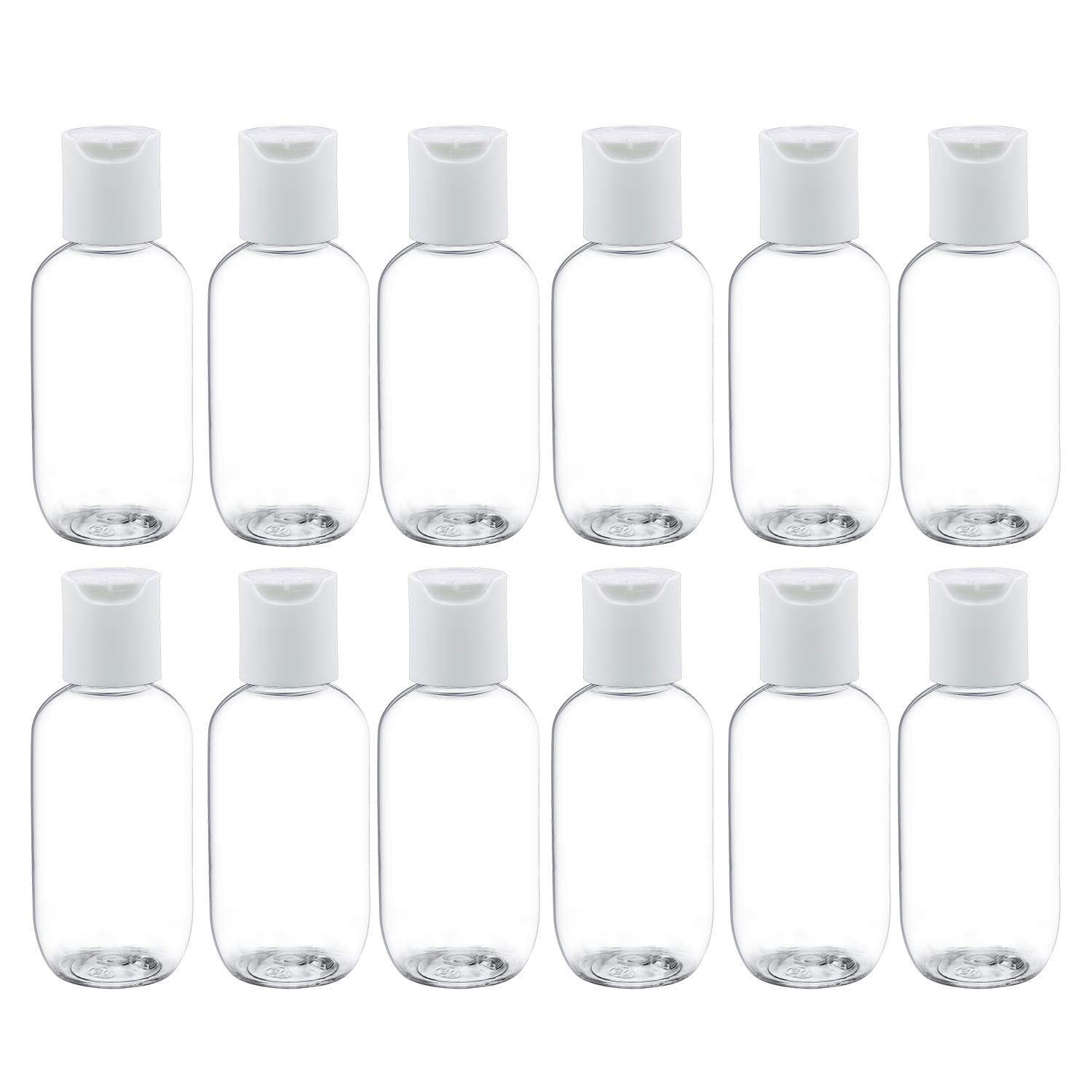 TRENDBOX 60ml / 2oz Empty Plastic Refillable Essentials Bottles with Disc Top Flip Cap - 12 Pack