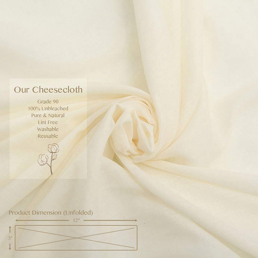 Cheesecloth, Grade 90, 36 Sq Feet, Reusable, 100% Unbleached Cotton Fabric, Ultra Fine Cheese Cloth For Cooking - Nut Milk Bag,