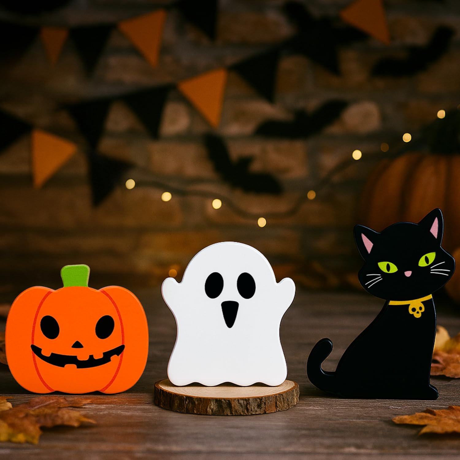Halloween Decorations for Indoor Home 3 Pcs, Cute Wooden Pumpkin Ghost Black Cat Decor for Tabletop Tiered Tray, Halloween Cente