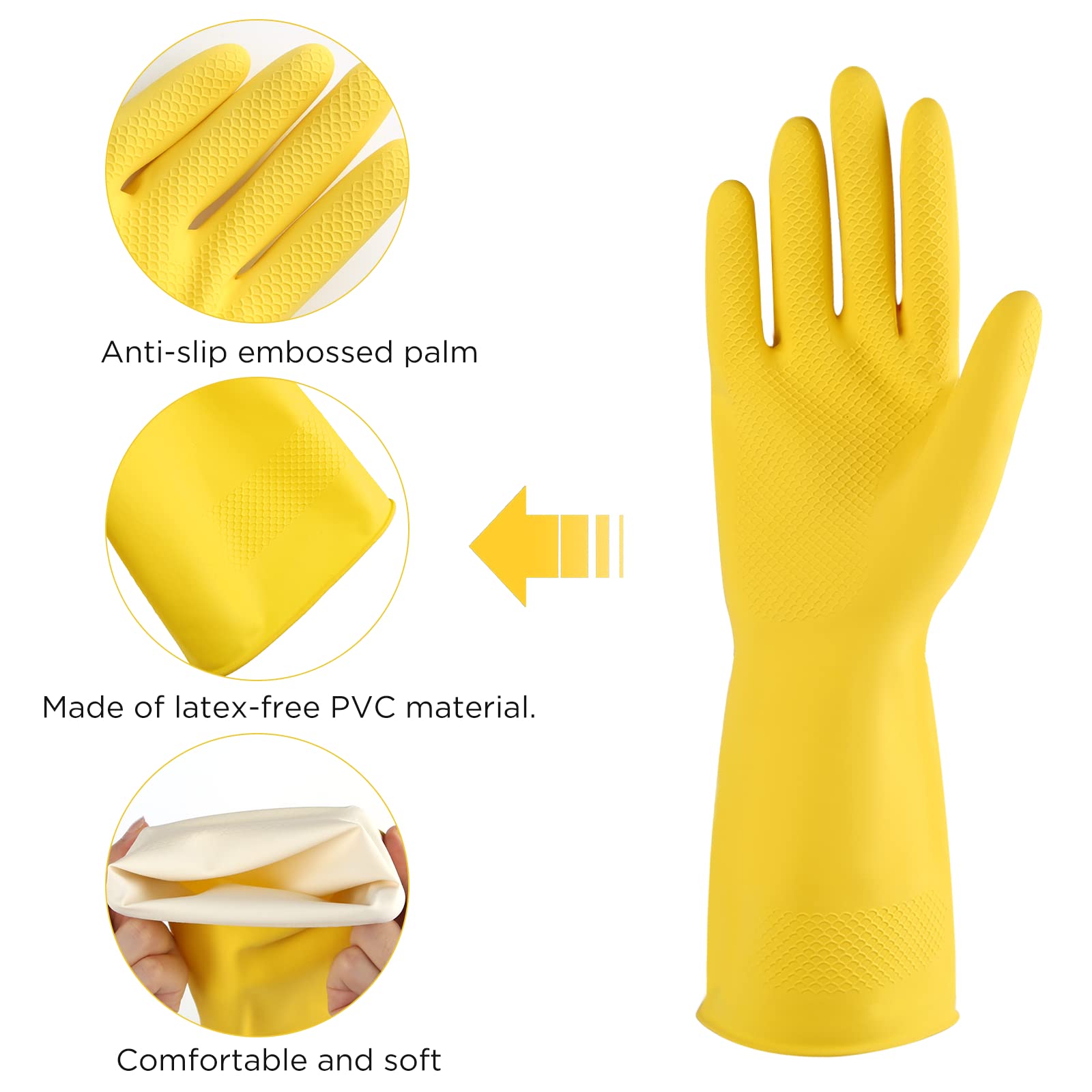Iucge Rubber Cleaning Gloves Yellow 3 Pairs For Household,Reuseable Dishwashing Gloves For Kitchen(3,Large)