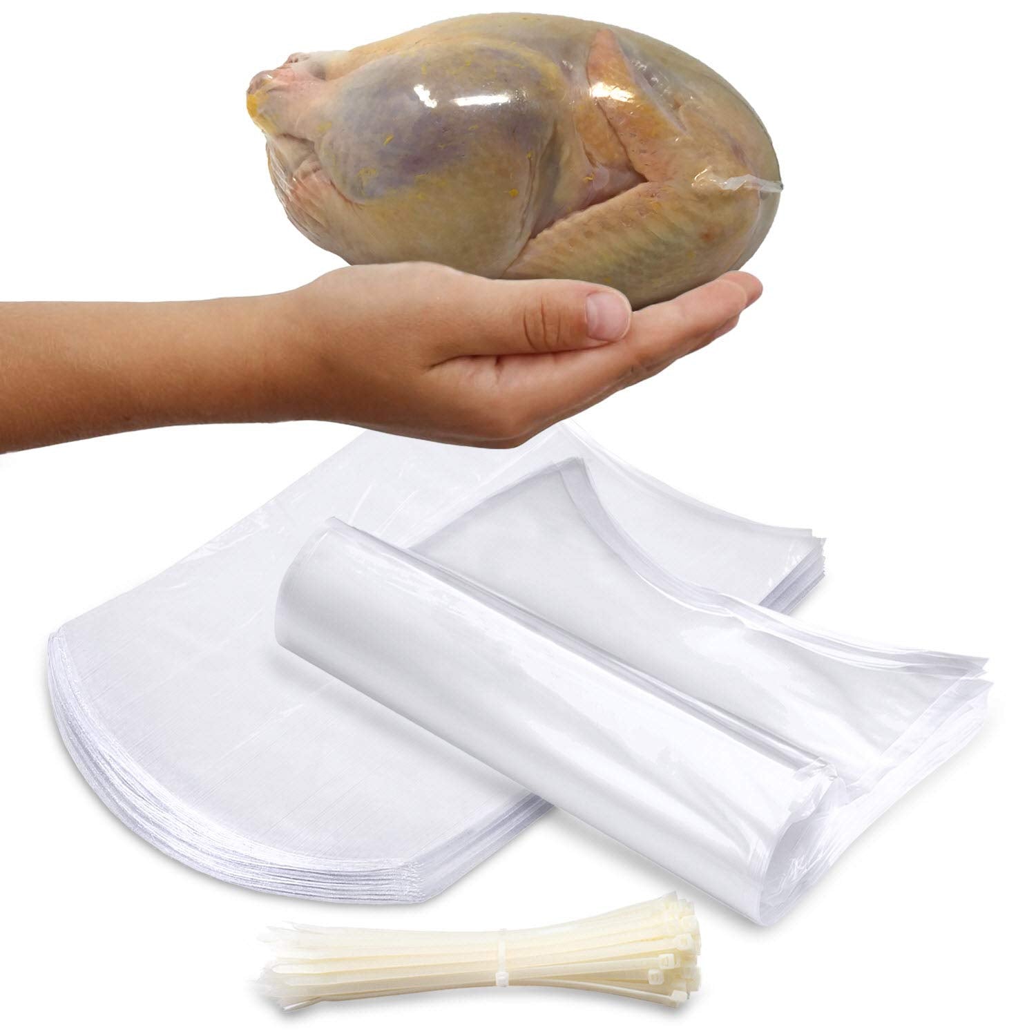 Poultry Shrink Bags - 100 Clear 10'' X 16'' For Whole Chickens Or Rabbits W/ 100 Zip Ties Included / 2.5 Mil Freezer Safe Commer