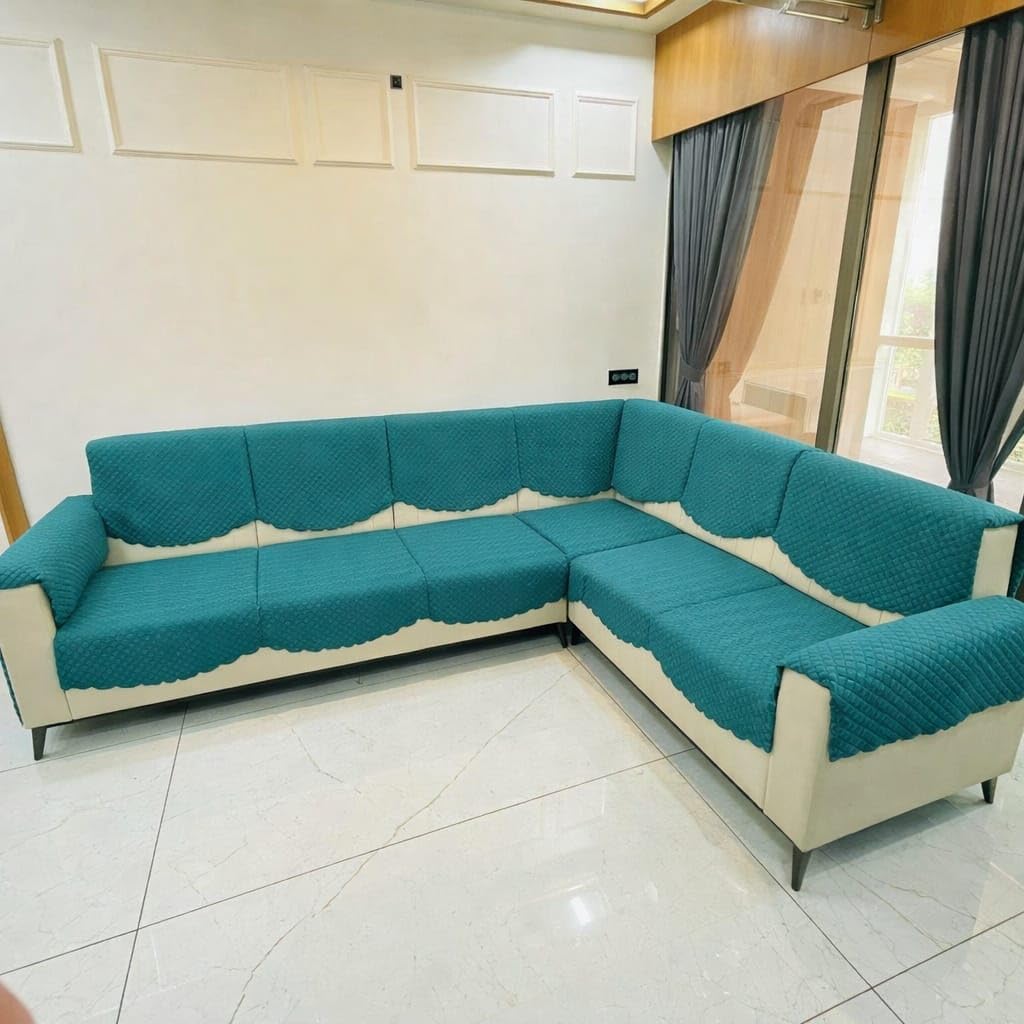Blush And Bloom 7 Seater L Shape Self Design Velvet Quilted Sofa Cover And Chair Cover, Seat And Back Cover -Pack Of 14 (Teal Gr