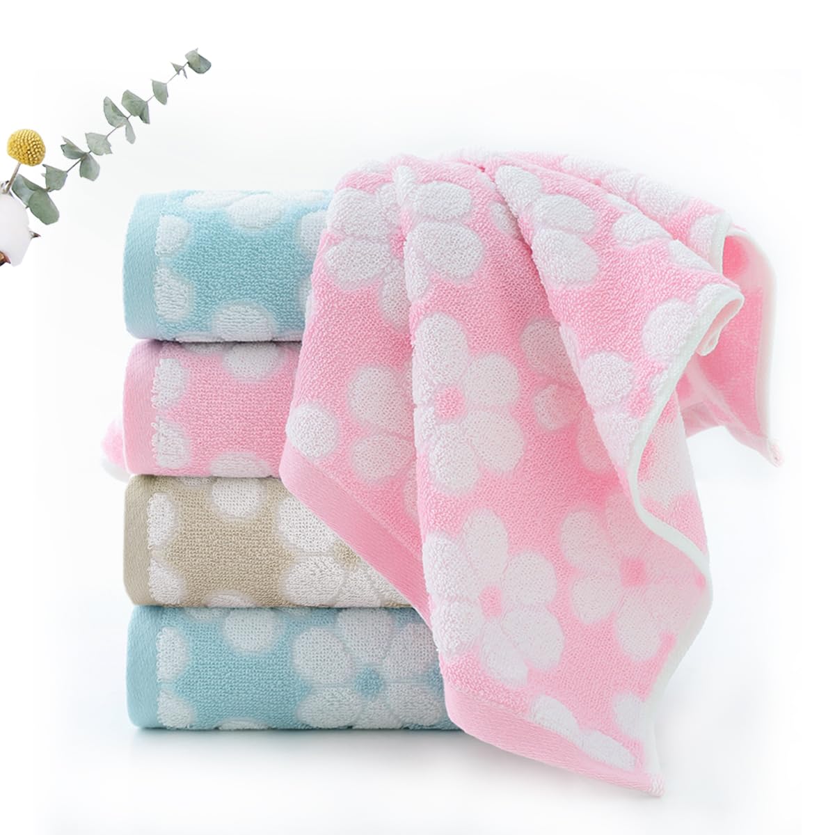 Pidada Hand Towels Set Of 4 Floral Pattern 100% Cotton Soft Absorbent Decorative Towel For Bathroom (Brown)