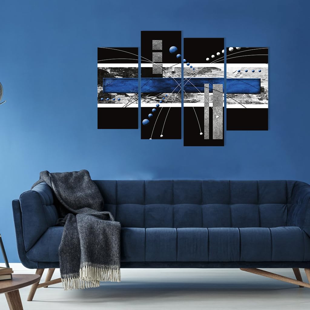 Ypy Large Black Blue Canvas Wall Art - 4 Panels Modern Abstract Picture Set For Home Decoration - Contemporary Painting Artwork