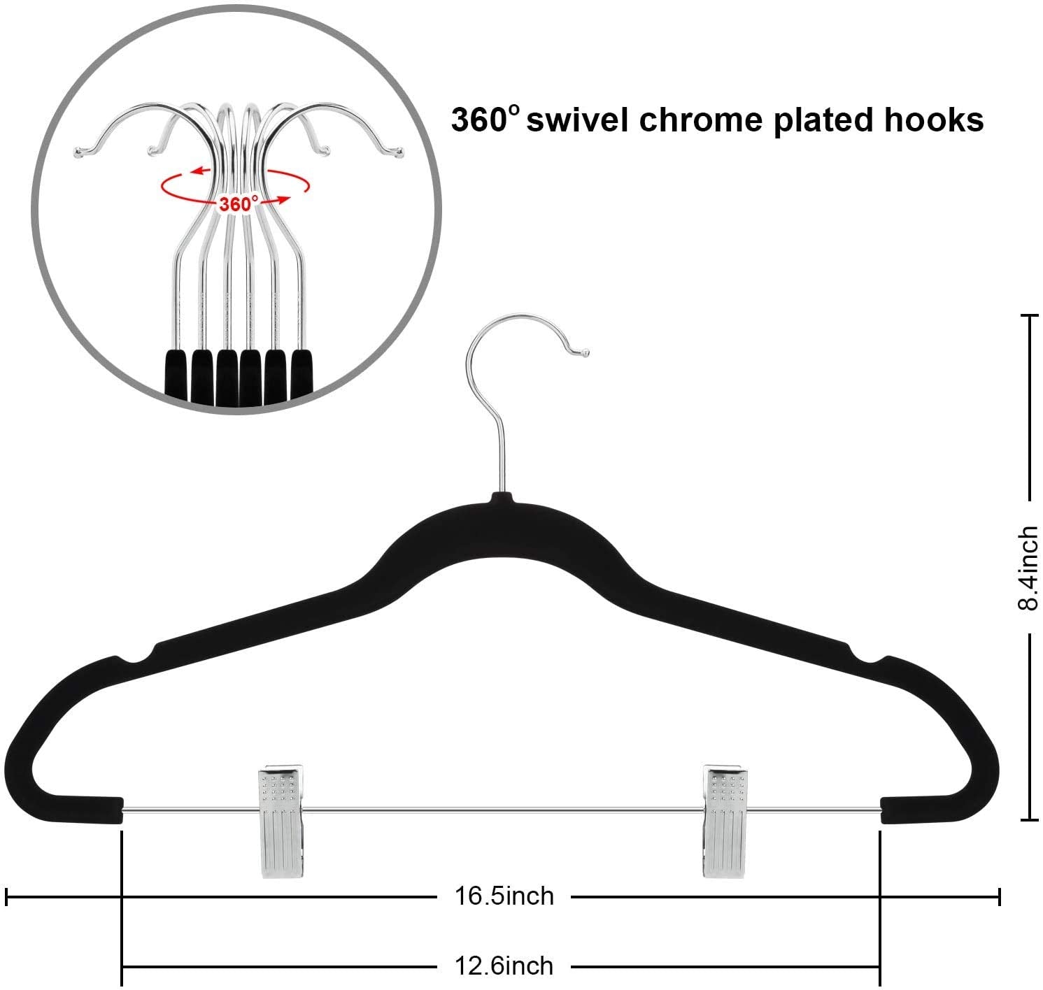 TIMMY 30-Pack Pants Hangers  16.7-Inch Long Velvet Trousers Hangers with Adjustable Clips  Heavy-Duty  Non-Slip  Space-Saving  360 ? Swivel Hooks Black Velvet Hanger