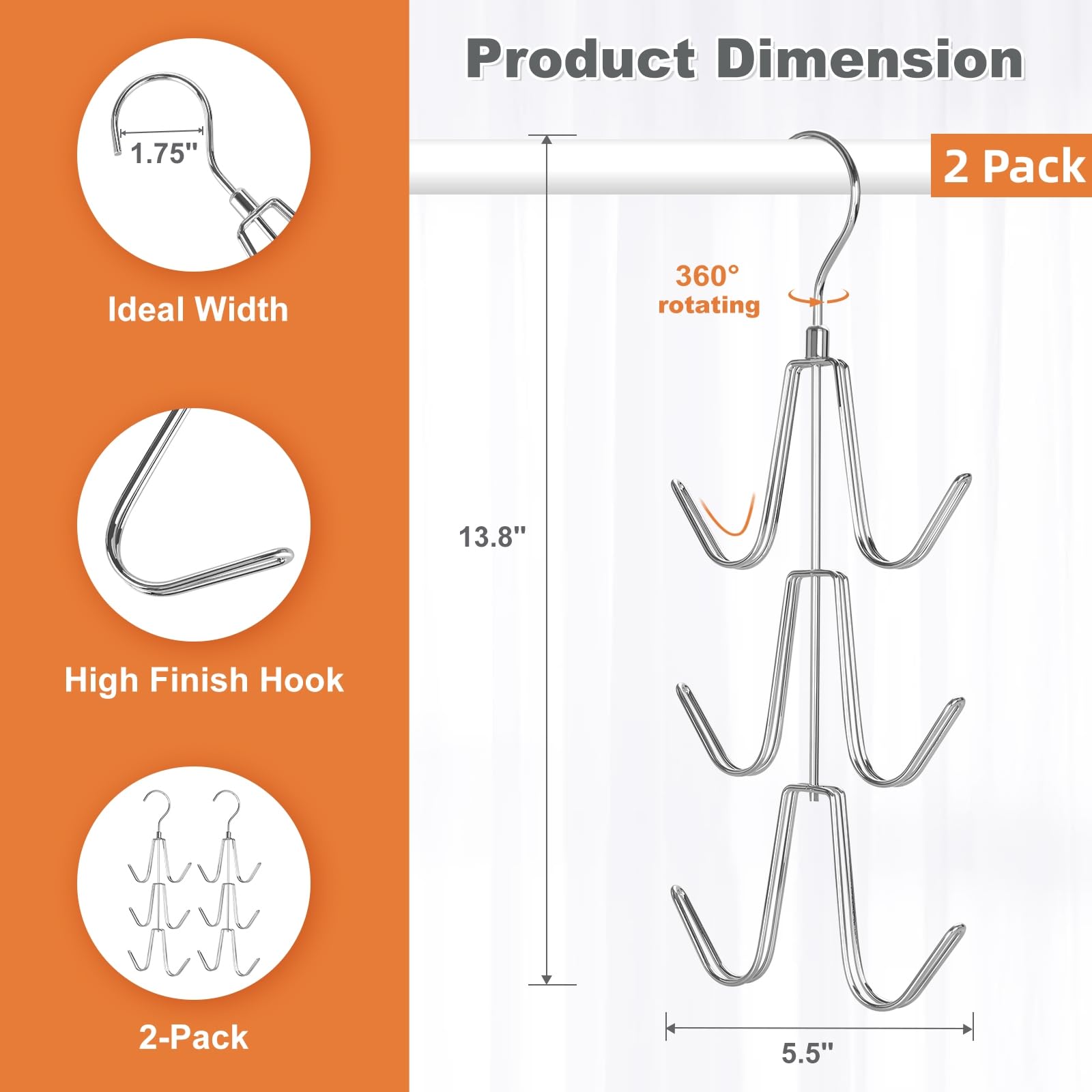 Topia Hanger Purse Hanger Organizer For Closet, 2-Pack Handbag Organizer Hanger, 360Swivel Metal Purse Hooks, Bag Rack, Belt Org