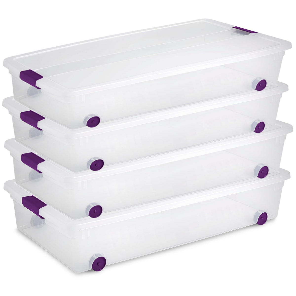 Sterilite 4-Pack Clearview Latch Box, Wheeled Underbed Organizer Bins For Home, 60 Quart