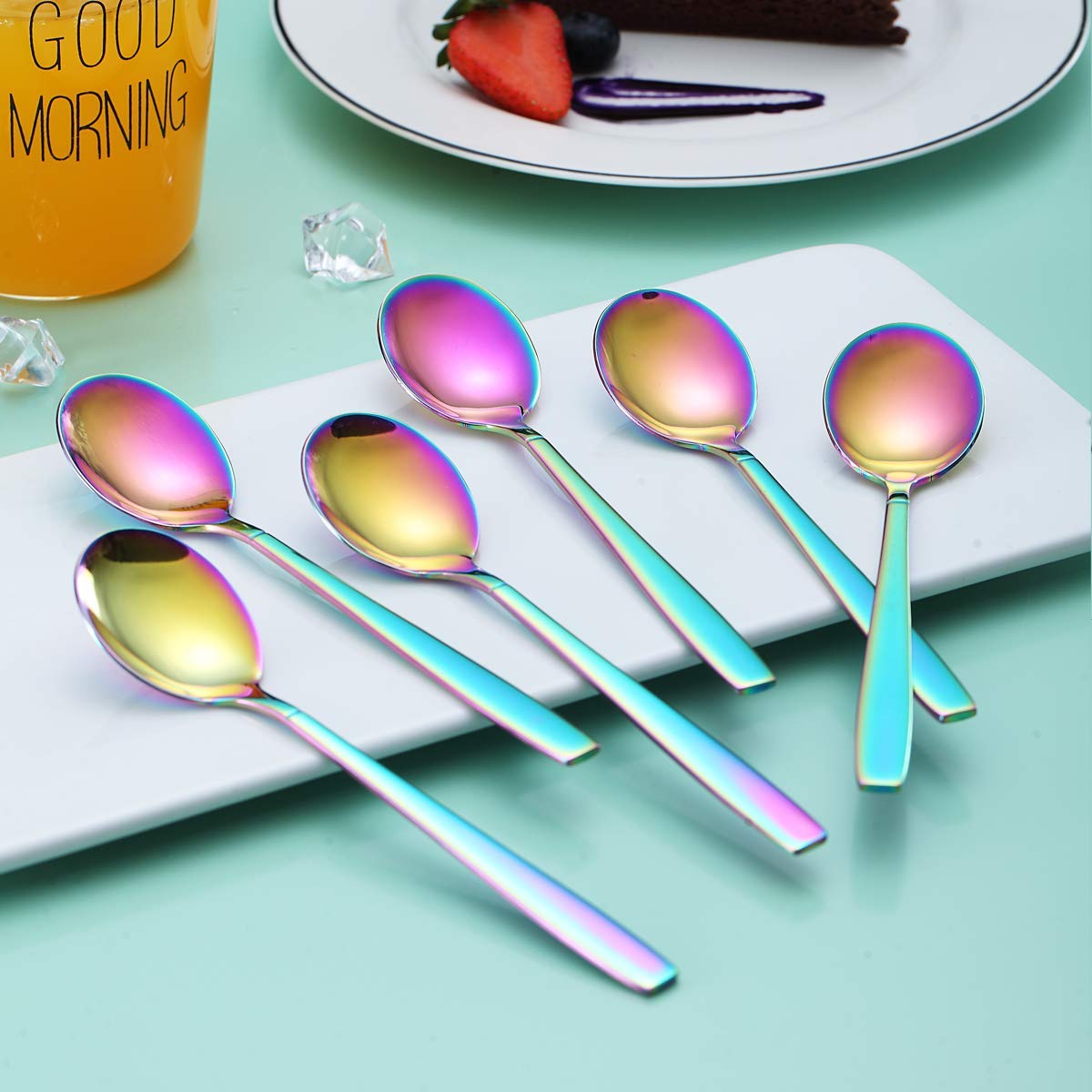 Berglander Rainbow Teaspoon, Stainless Steel Tea Spoon Dessert Spoon With Titanium Colorful Plating 6.5 Inches Pack Of 6